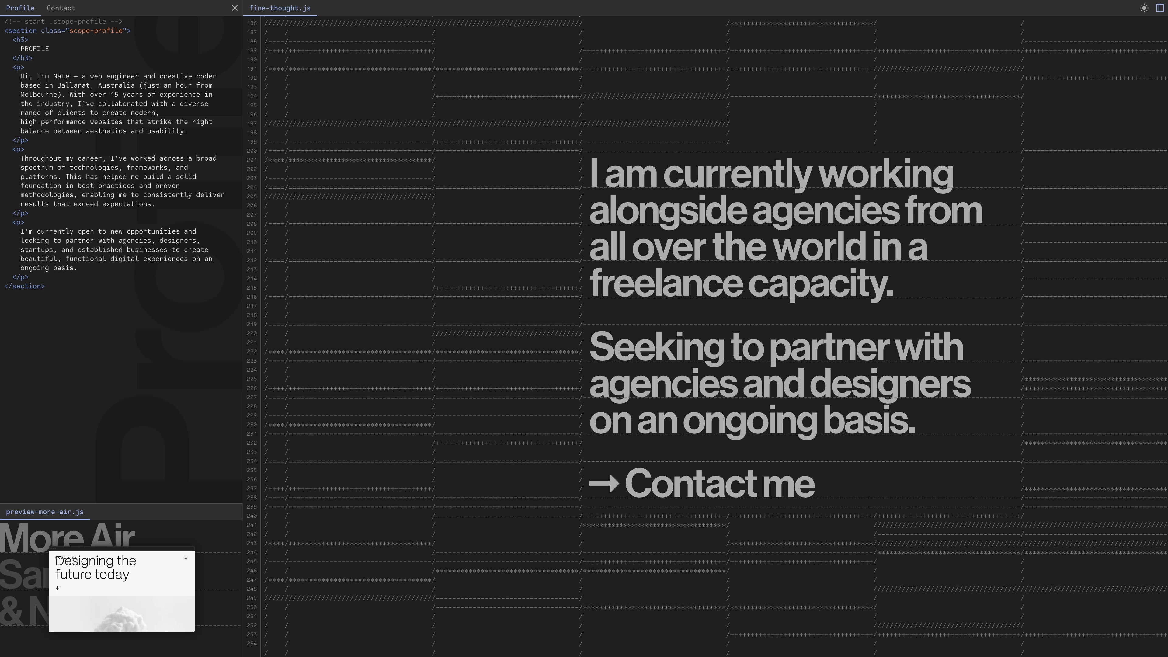 Full page screenshot of the Fine Thought website. The creative persona of Nathan Leigh Davis, a creative technologist and …