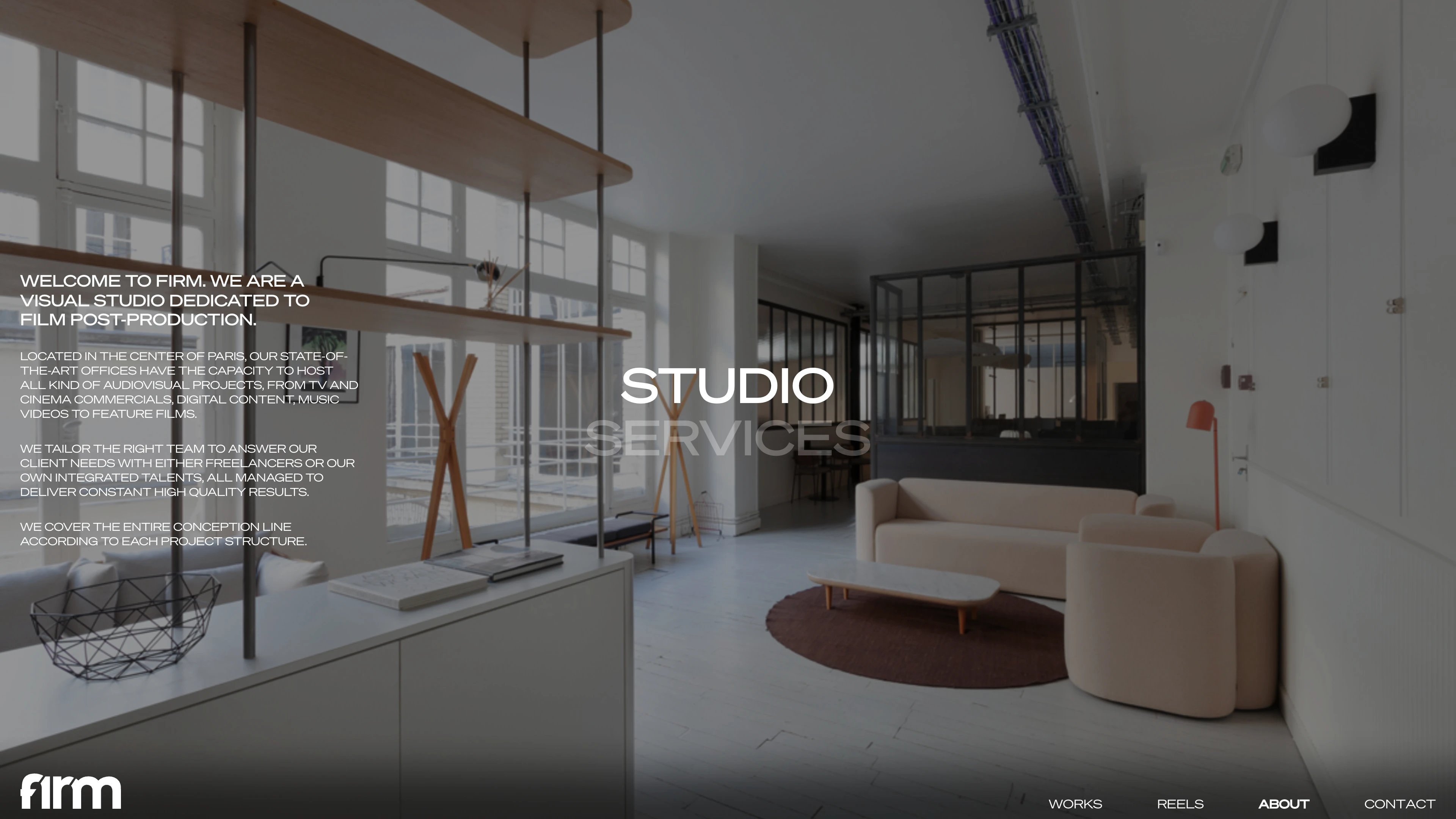 Full page screenshot of the Firm Studio website. Visual studio dedicated to film post-production. Located in the center of Paris, …