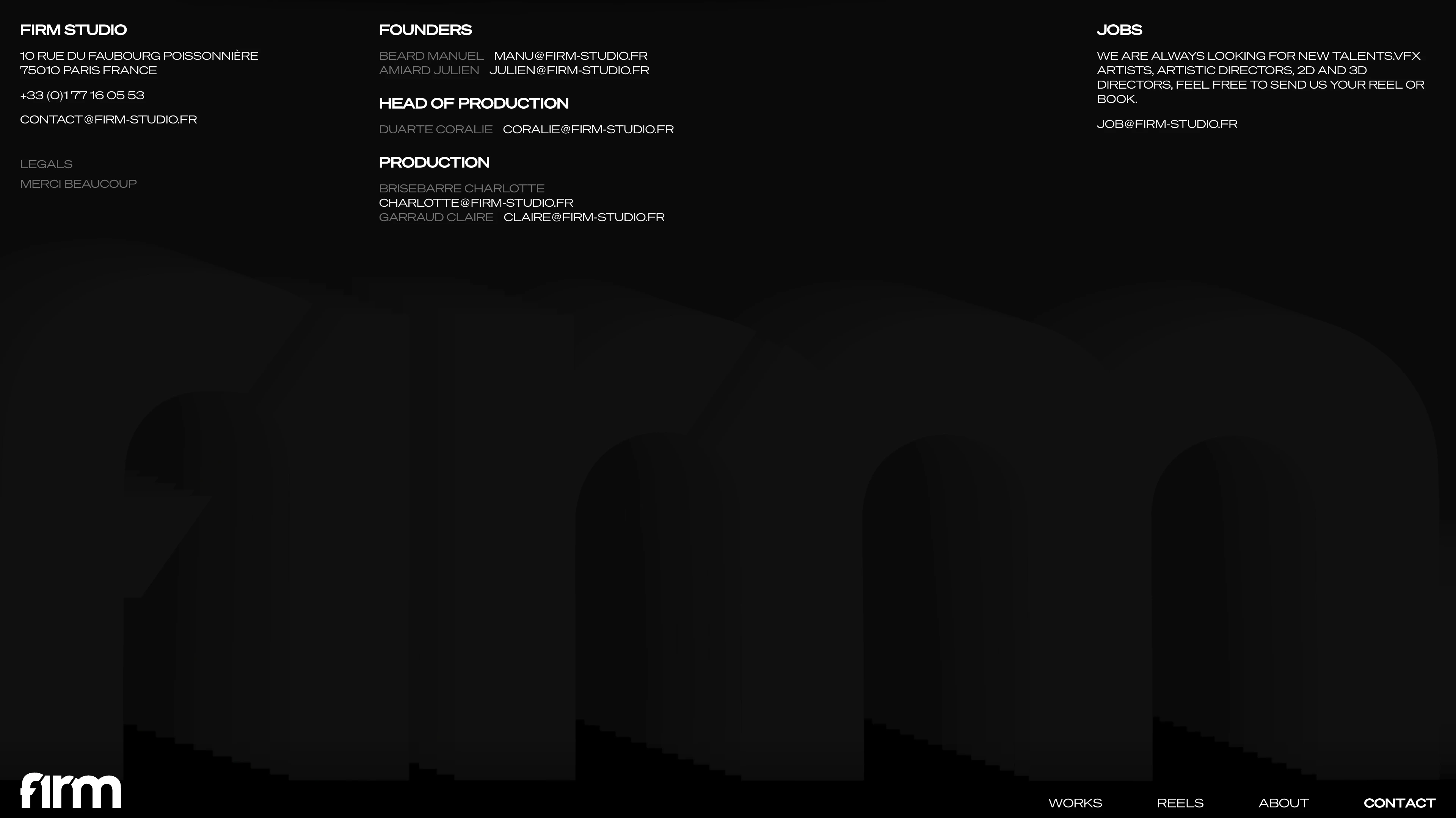 Full page screenshot of the Firm Studio website. Visual studio dedicated to film post-production. Located in the center of Paris, …