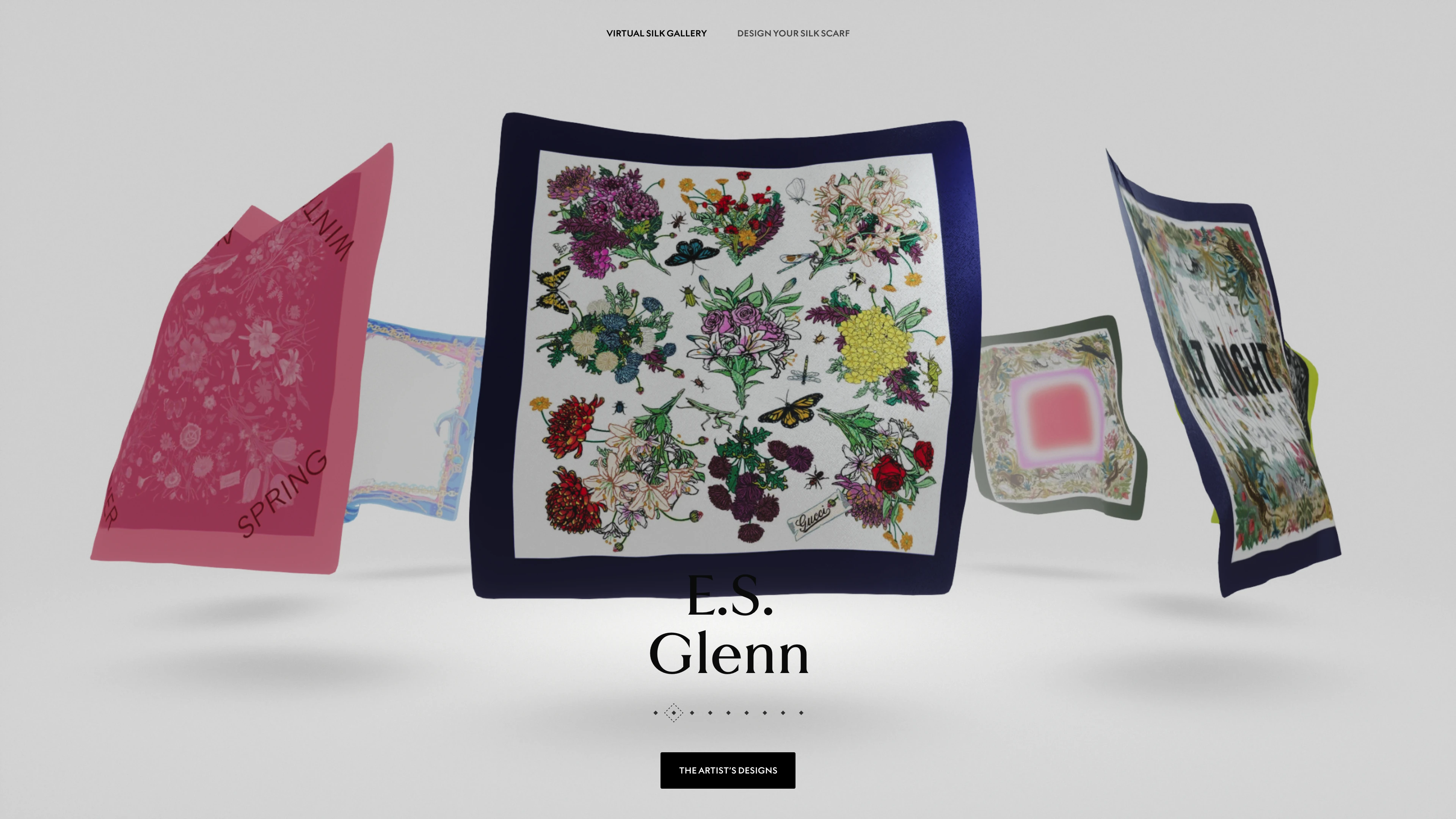 Full page screenshot of the The Art of Silk website. A tribute to Gucci’s heritage, the 90 x 90 project invited 9 visionary artists …