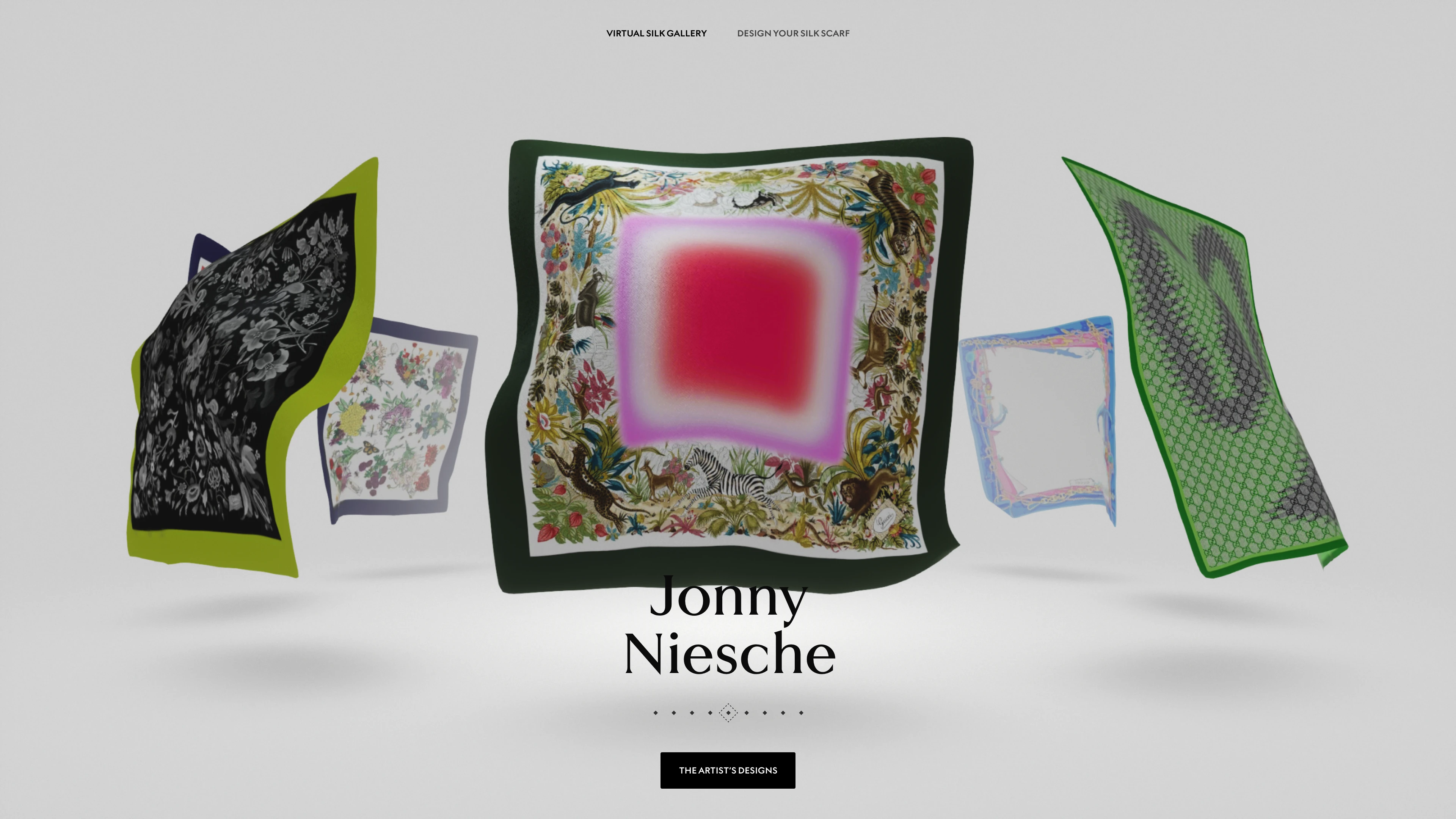 Full page screenshot of the The Art of Silk website. A tribute to Gucci’s heritage, the 90 x 90 project invited 9 visionary artists …