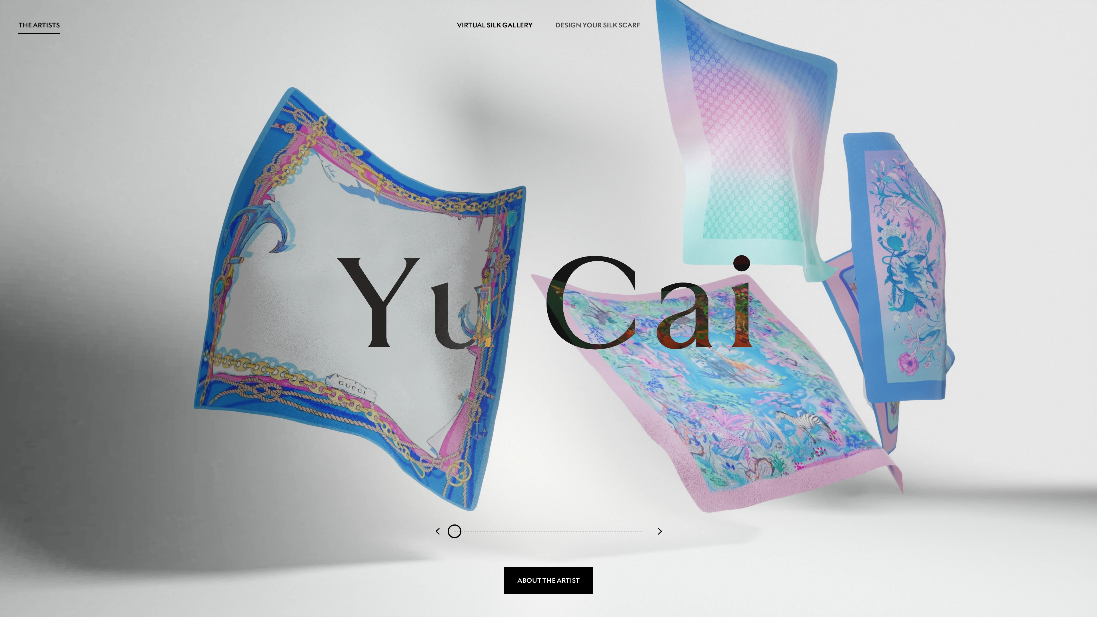 Full page screenshot of the The Art of Silk website. A tribute to Gucci’s heritage, the 90 x 90 project invited 9 visionary artists …
