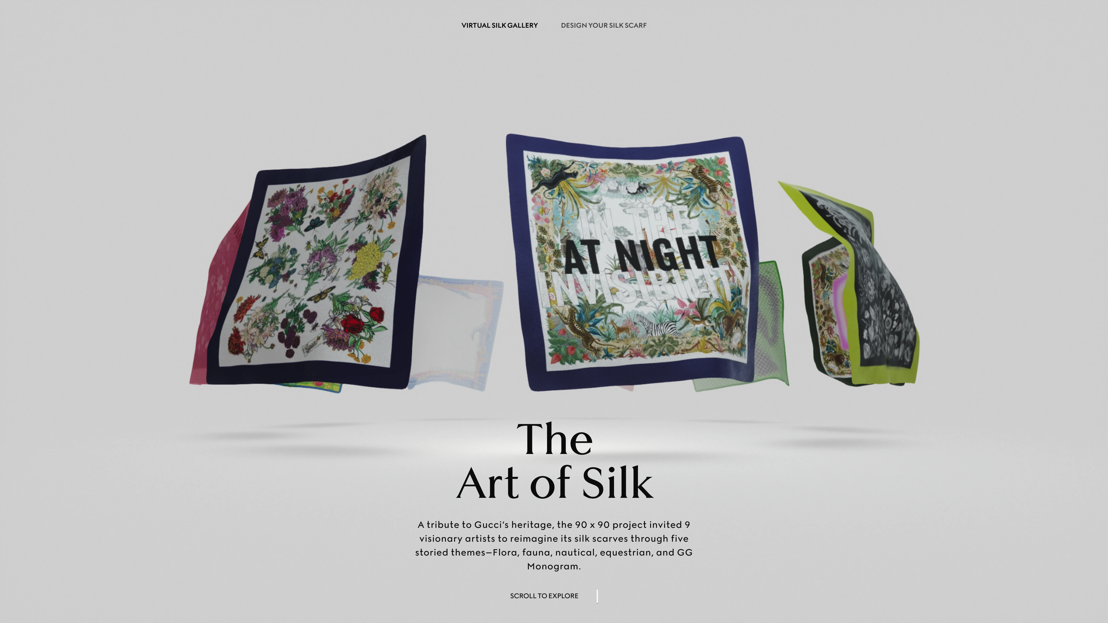 Full page screenshot of the The Art of Silk website. A tribute to Gucci’s heritage, the 90 x 90 project invited 9 visionary artists …