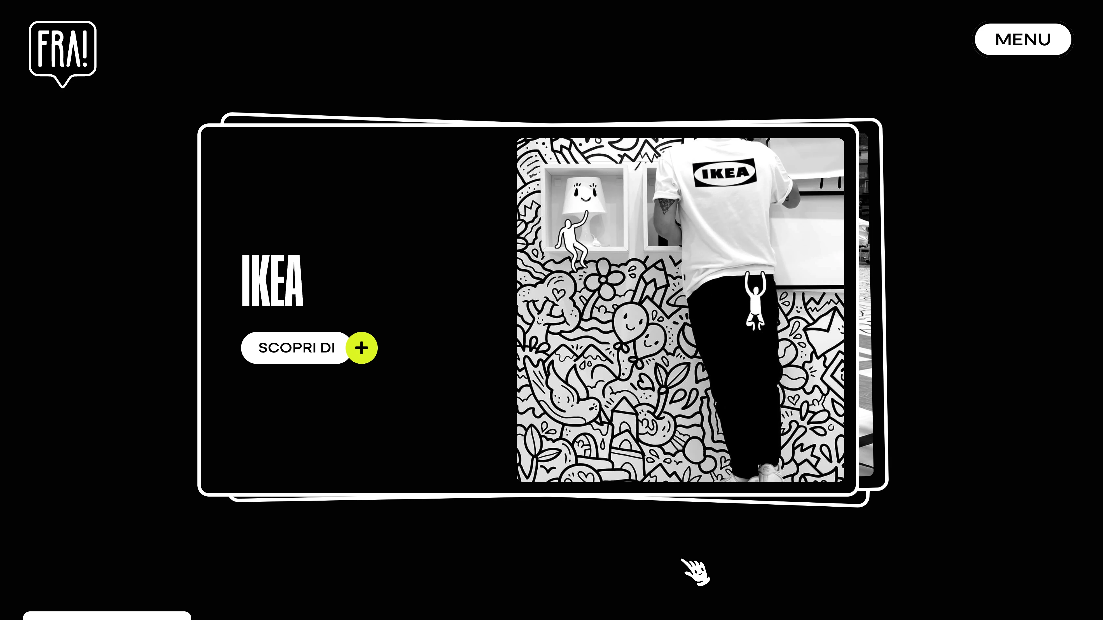 Full page screenshot of the FRA! website. Discover the world of FRA!, a doodle designer and illustrator based in Milan. …