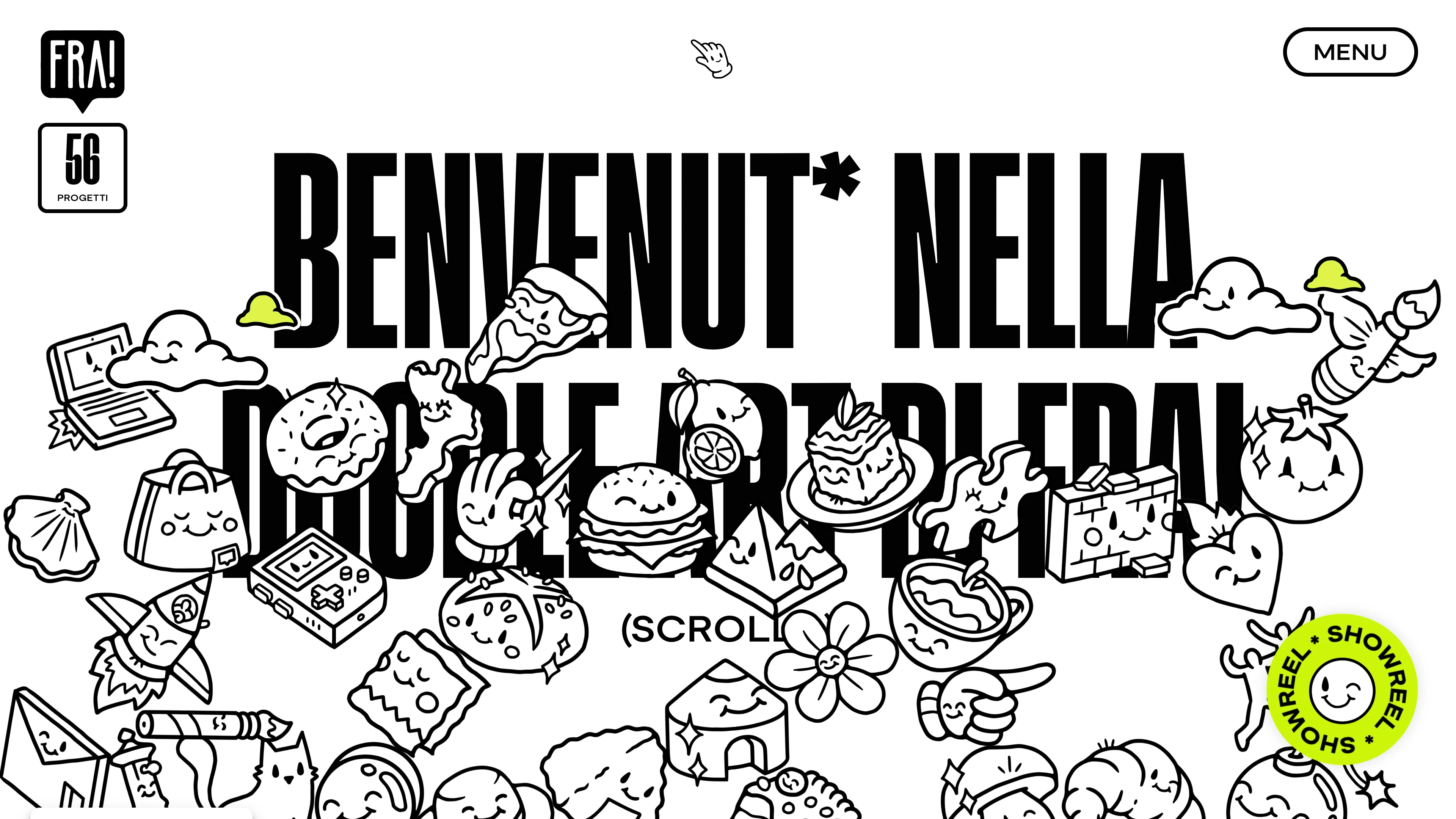 Full page screenshot of the FRA! website. Discover the world of FRA!, a doodle designer and illustrator based in Milan. …