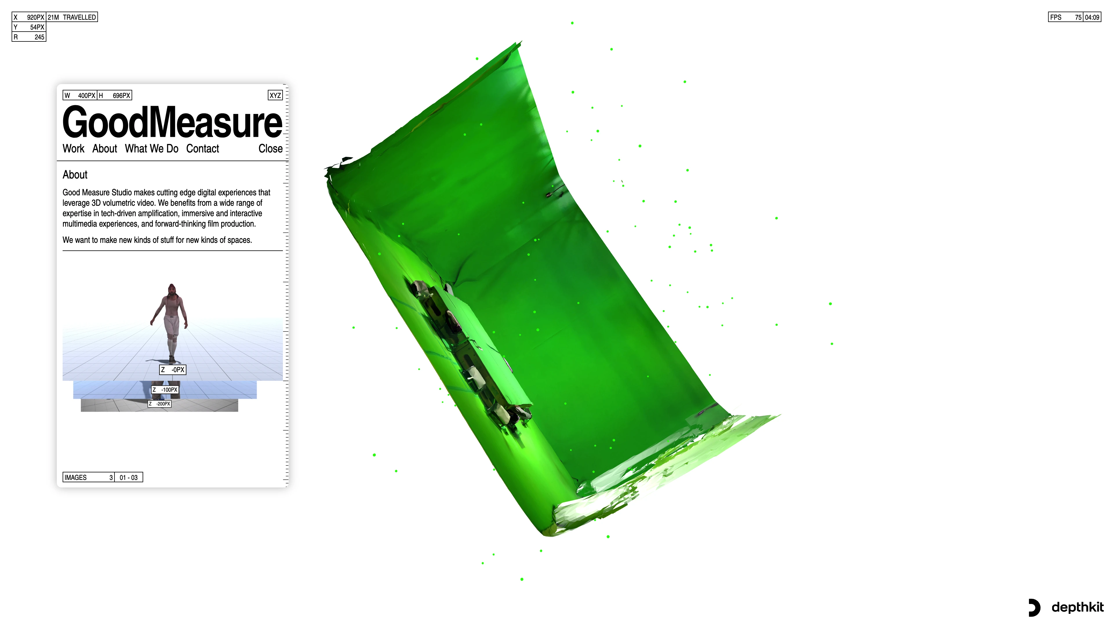 Full page screenshot of the Good Measure website. Good Measure Studio makes cutting edge digital experiences that leverage 3D …