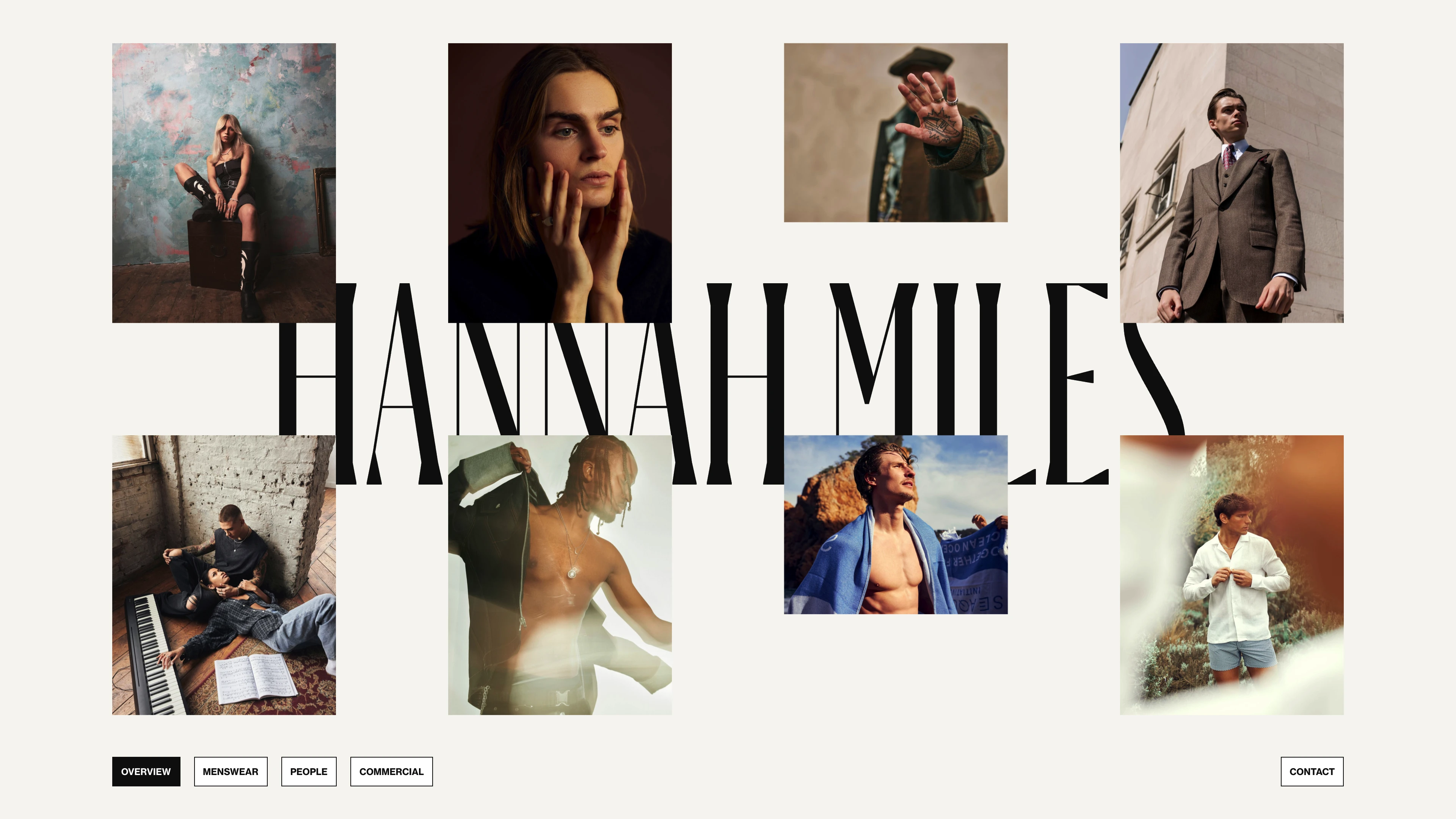 Full page screenshot of the Hannah Miles website. Hannah Miles is a London-based photographer specialising in menswear, people, …