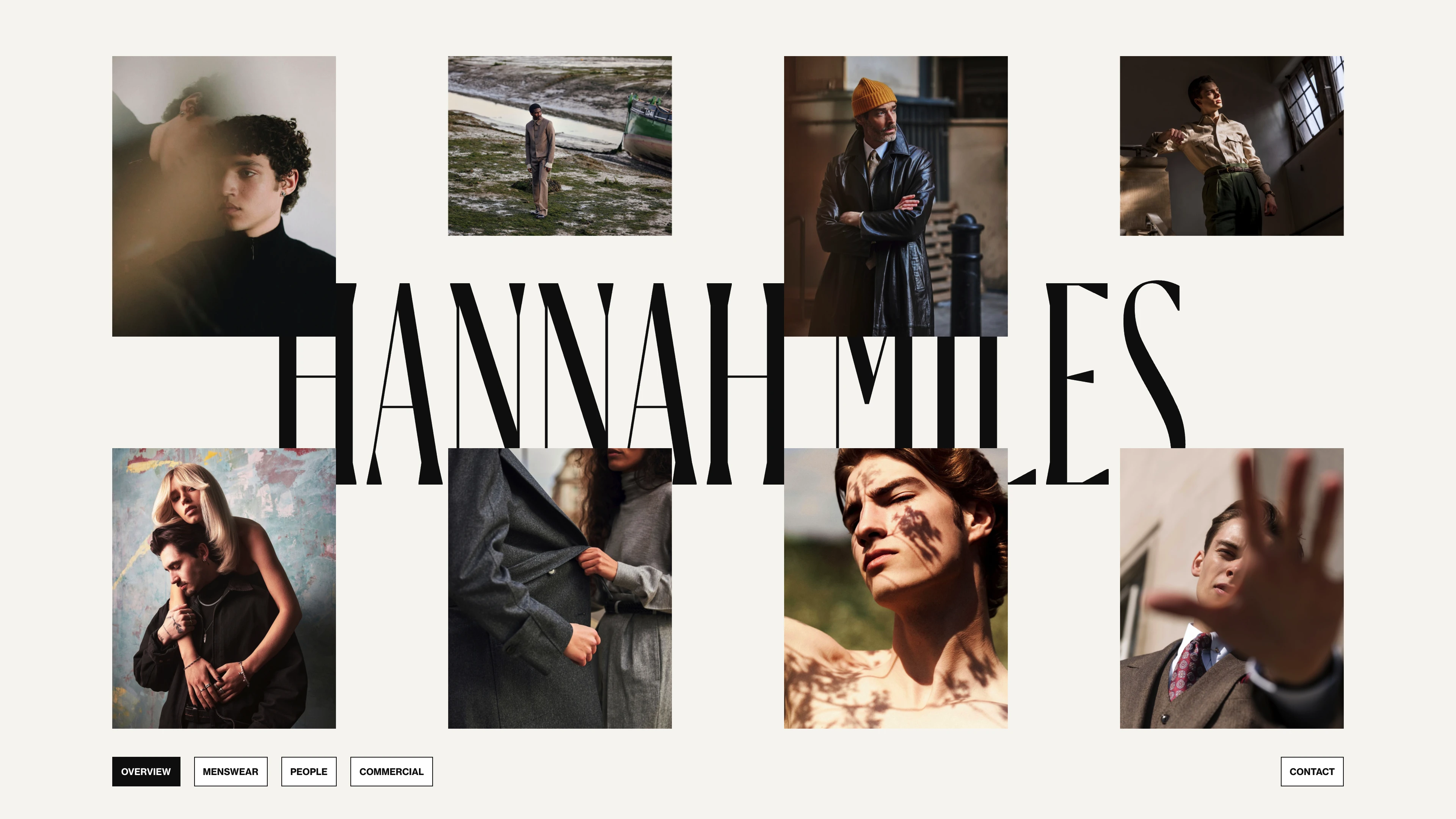 Full page screenshot of the Hannah Miles website. Hannah Miles is a London-based photographer specialising in menswear, people, …