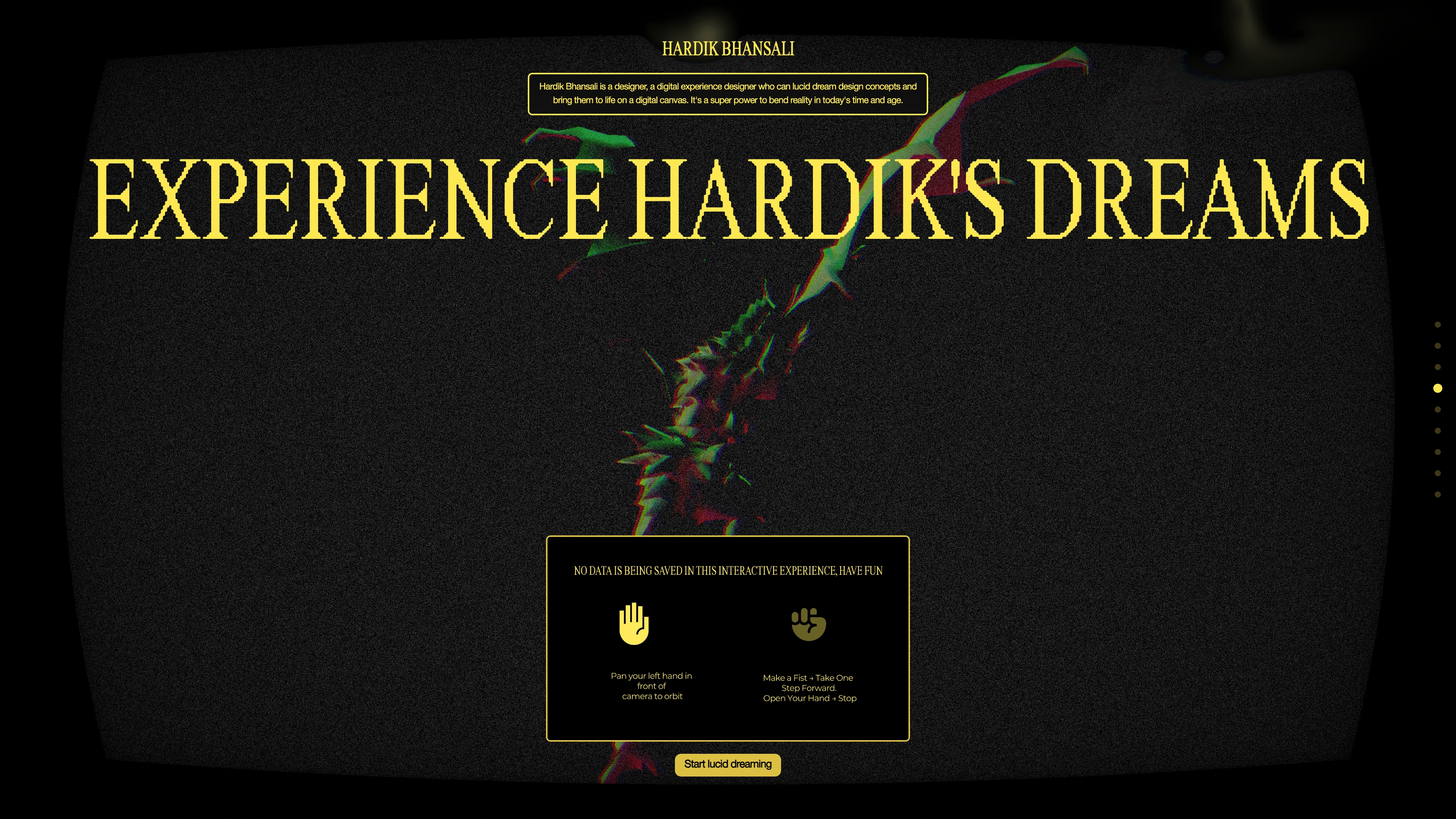 Full page screenshot of the Hardik Bhansali website. Hardik Bhansali is a designer, a digital experience designer who can lucid dream …