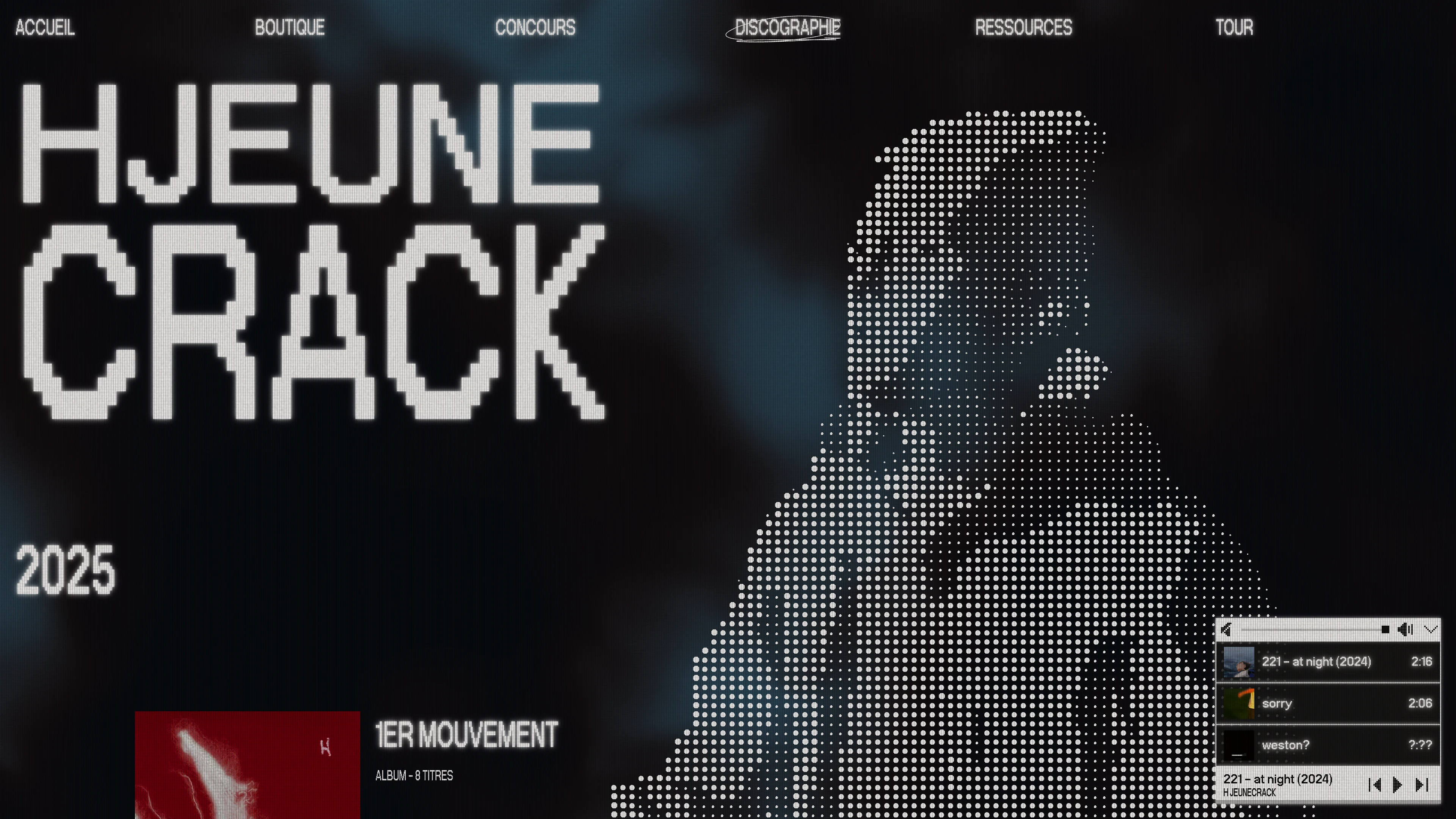 Full page screenshot of the H JEUNECRACK website. Discover HJEUNECRACK: latest releases, videos, tour dates and official …