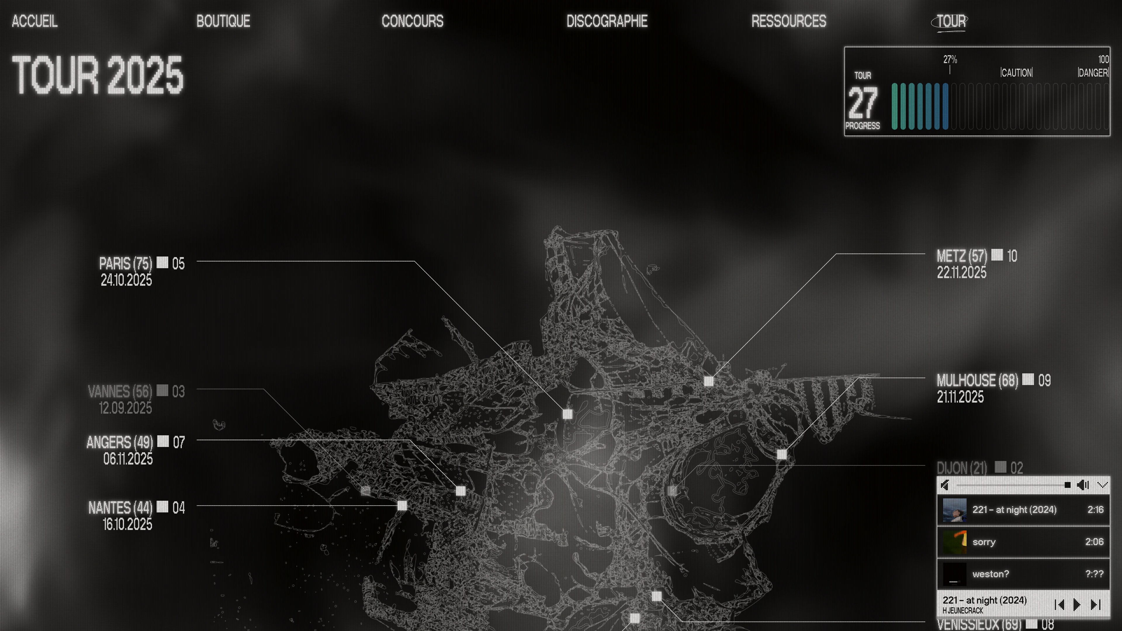 Full page screenshot of the H JEUNECRACK website. Discover HJEUNECRACK: latest releases, videos, tour dates and official …