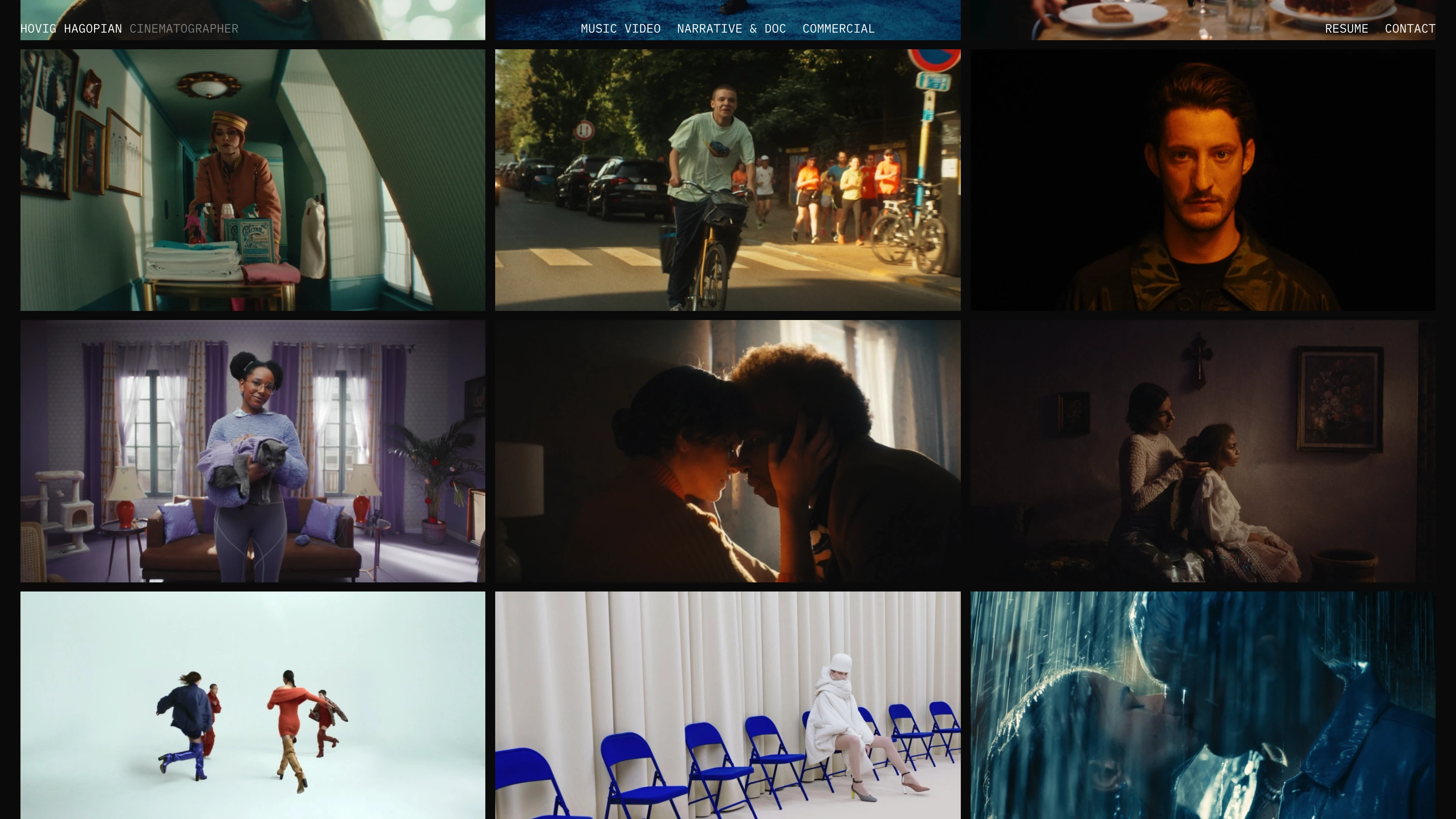 Full page screenshot of the Hovig Hagopian website. Hovig Hagopian is a French cinematographer represented by Kinou Agency.