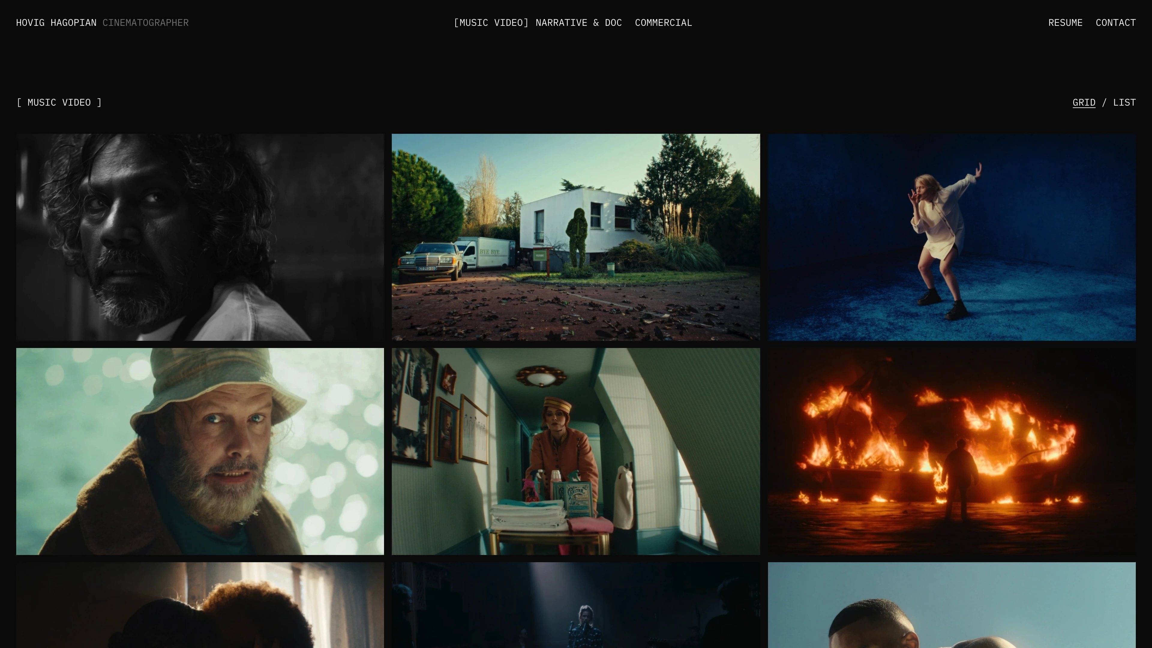 Full page screenshot of the Hovig Hagopian website. Hovig Hagopian is a French cinematographer represented by Kinou Agency.