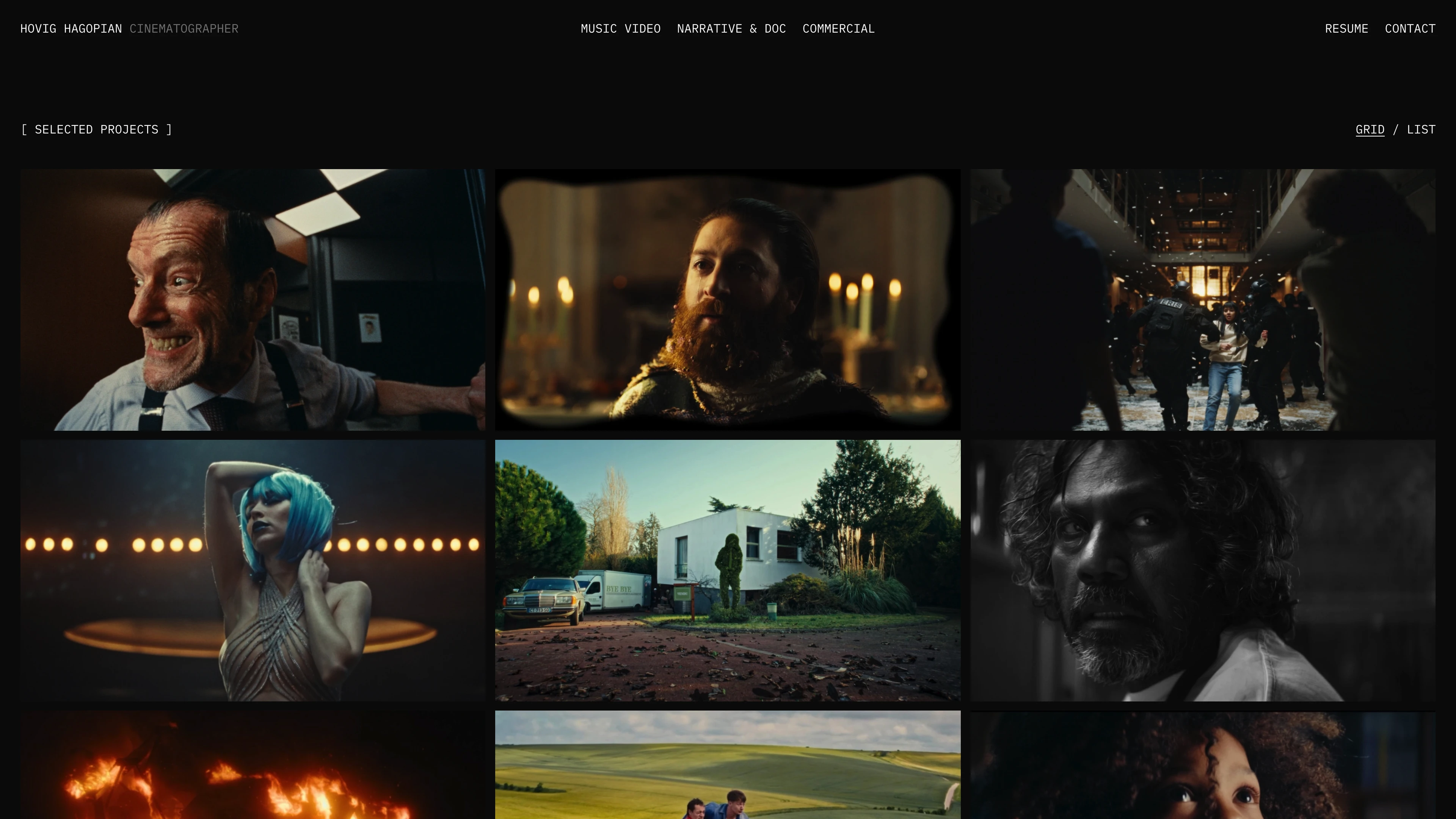 Full page screenshot of the Hovig Hagopian website. Hovig Hagopian is a French cinematographer represented by Kinou Agency.