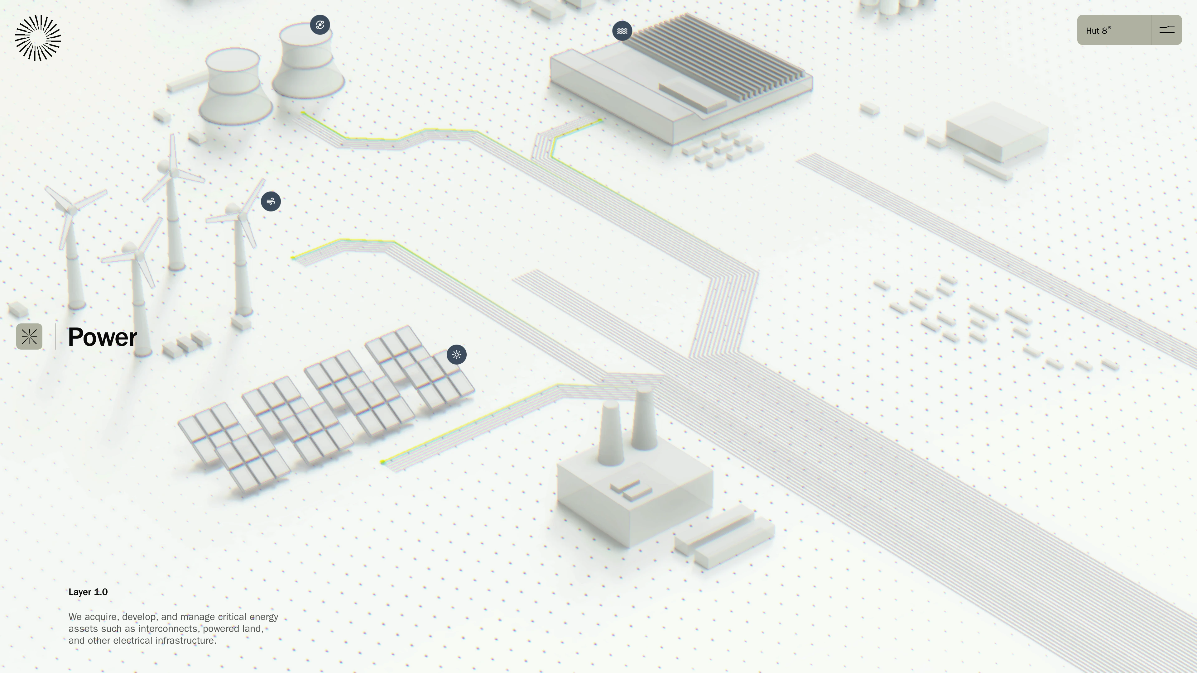 Full page screenshot of the Hut 8 website. We take a power-first, innovation-driven approach to developing, …