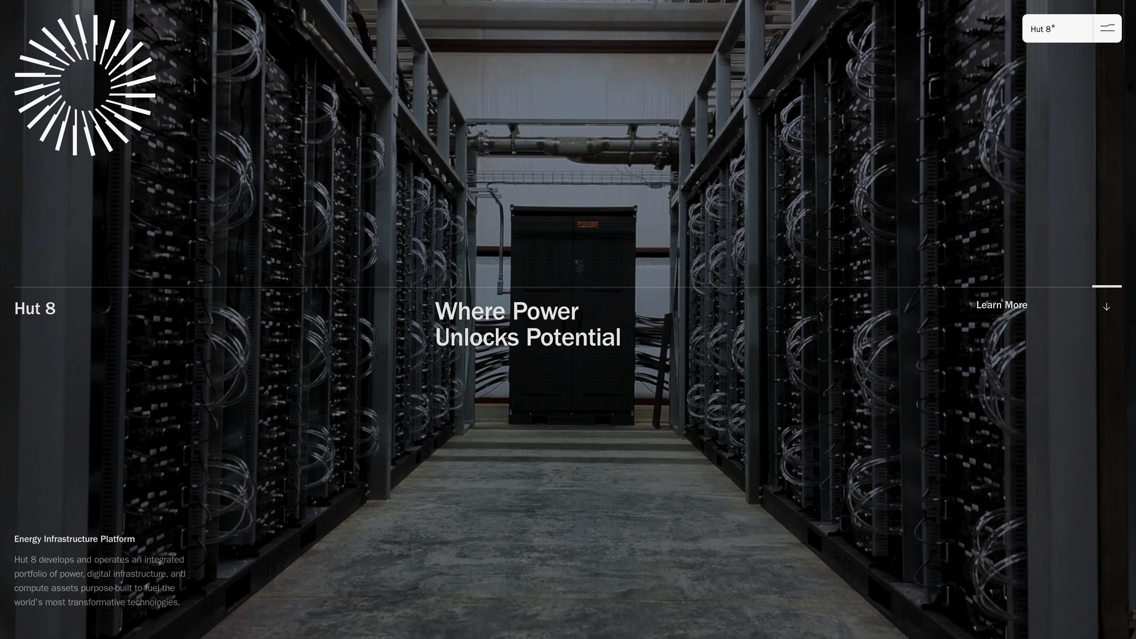 Full page screenshot of the Hut 8 website. We take a power-first, innovation-driven approach to developing, …