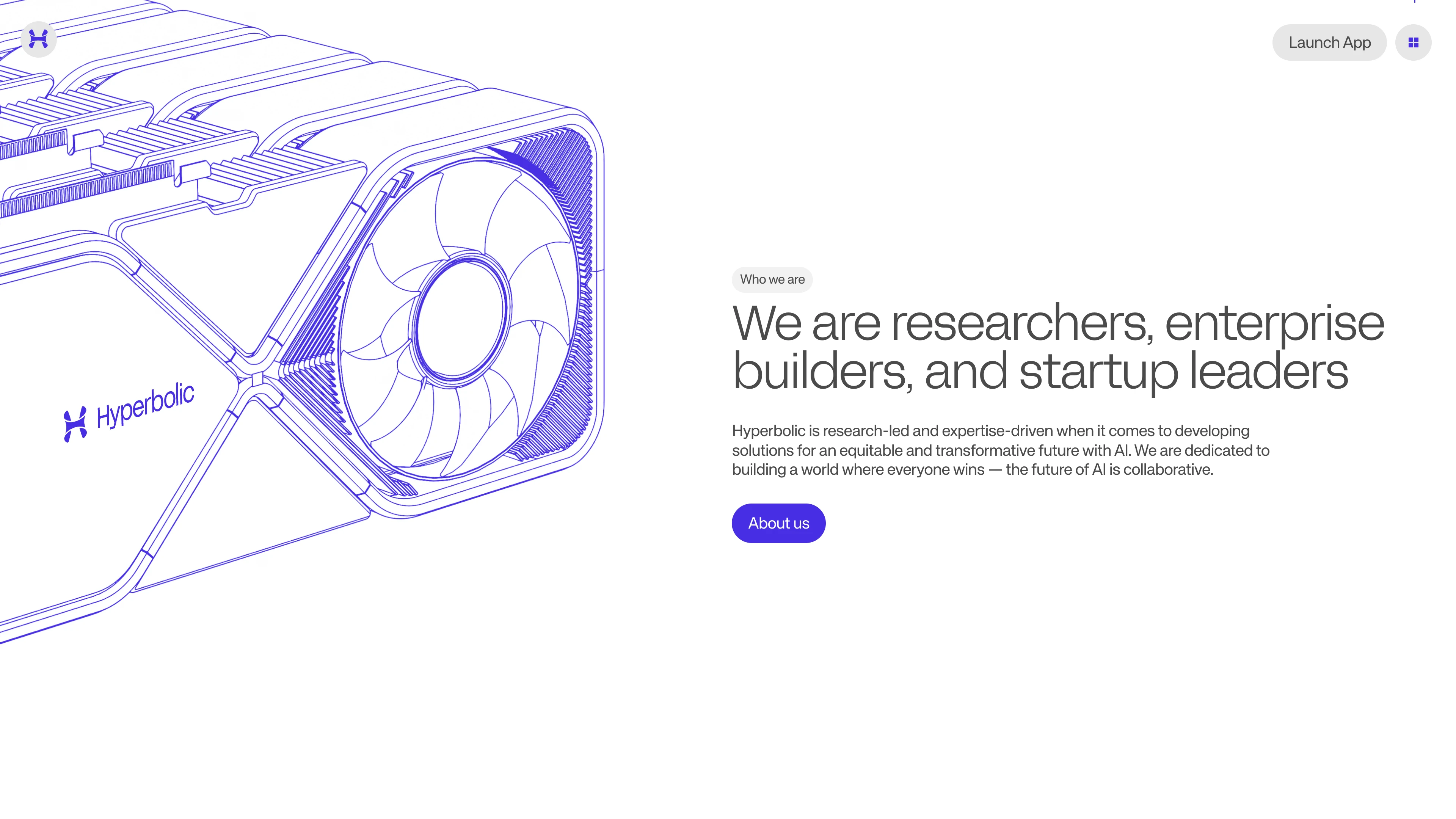 Full page screenshot of the Hyperbolic website. Hyperbolic is research-led and expertise-driven when it comes to developing …