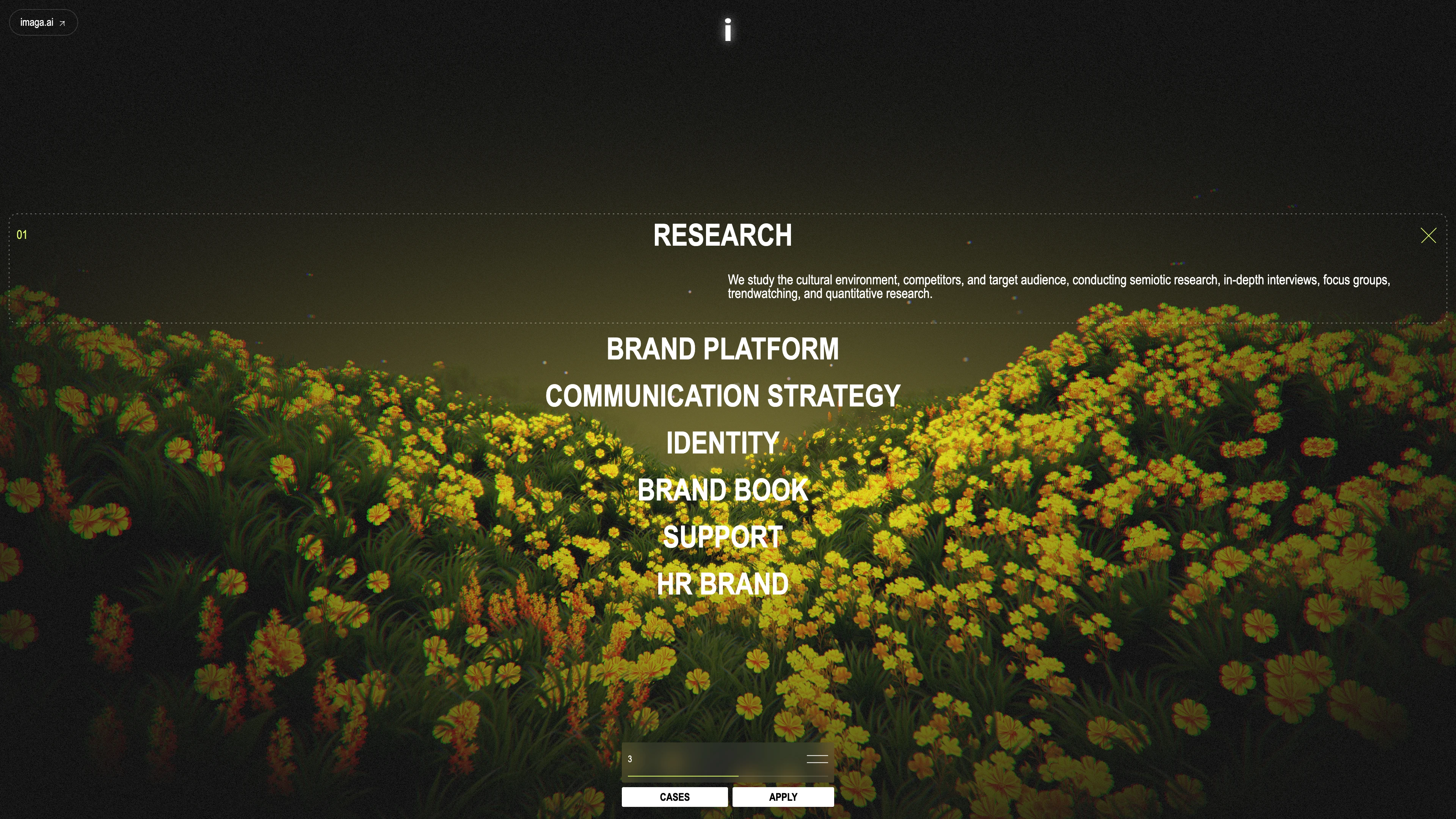Full page screenshot of the Imaga website. We create organic branding for growing companies: research, identity, brand …