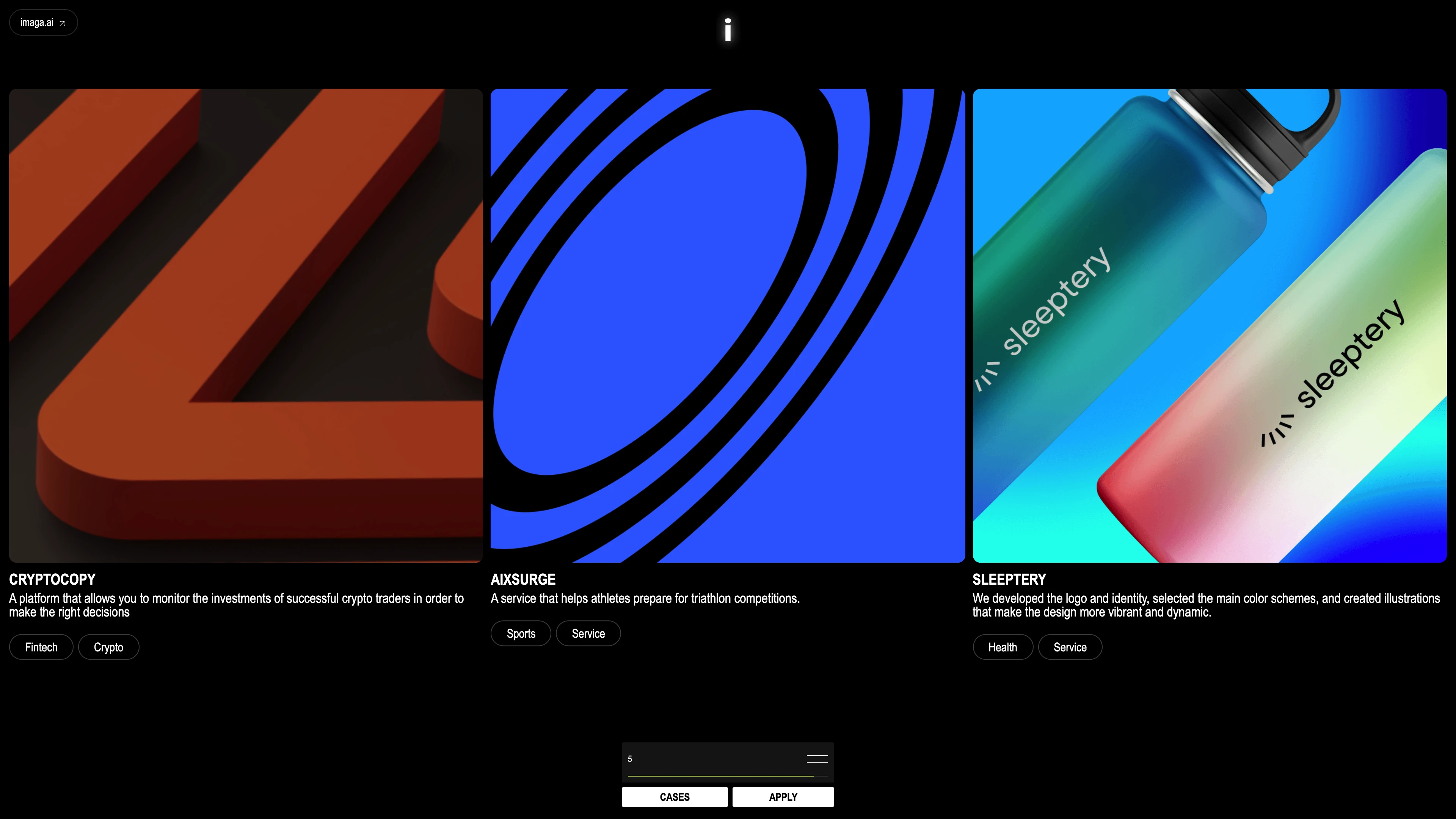 Full page screenshot of the Imaga website. We create organic branding for growing companies: research, identity, brand …