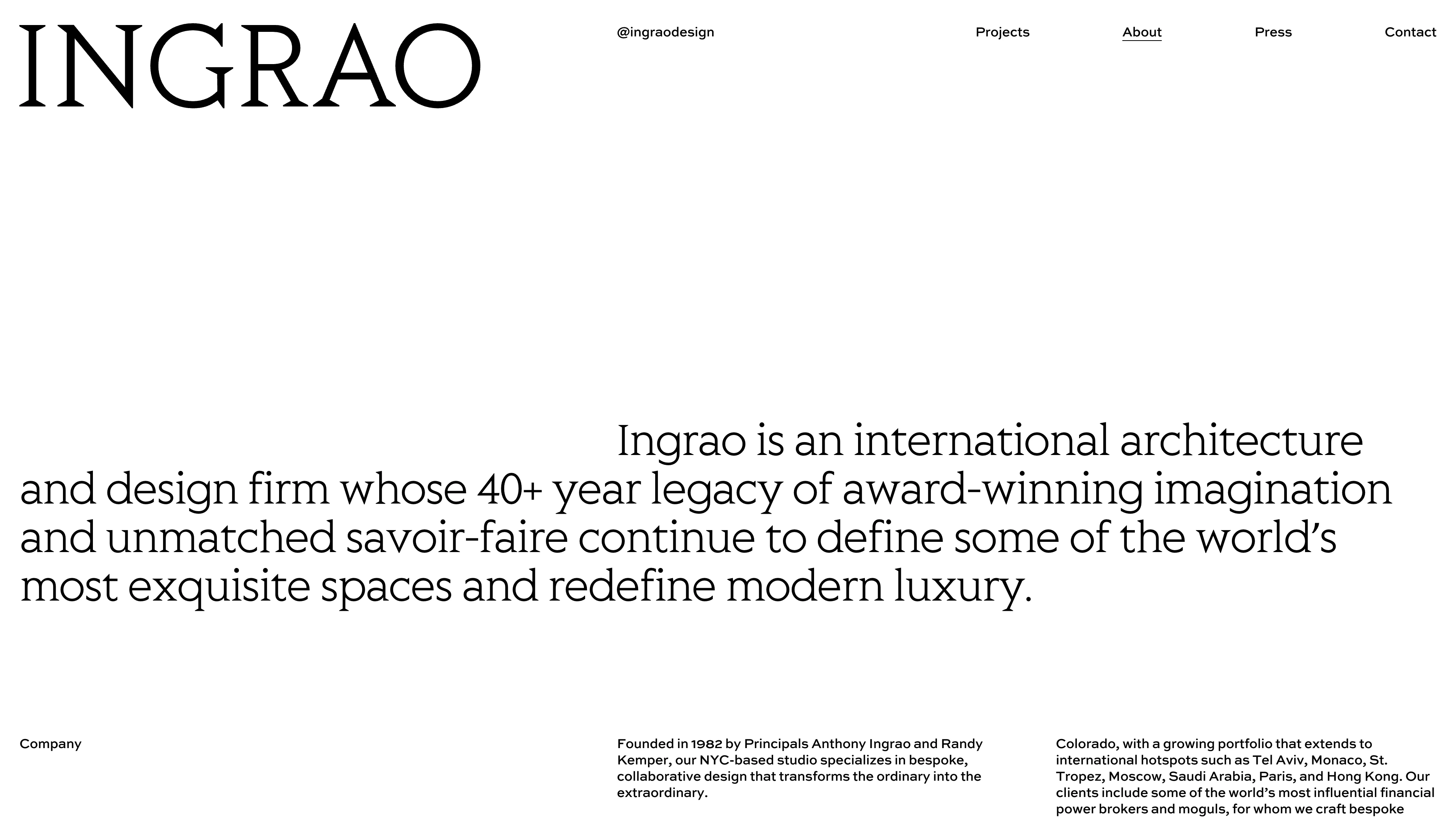 Full page screenshot of the Ingrao website. Ingrao is an international architecture and design firm whose 40+ year legacy of …