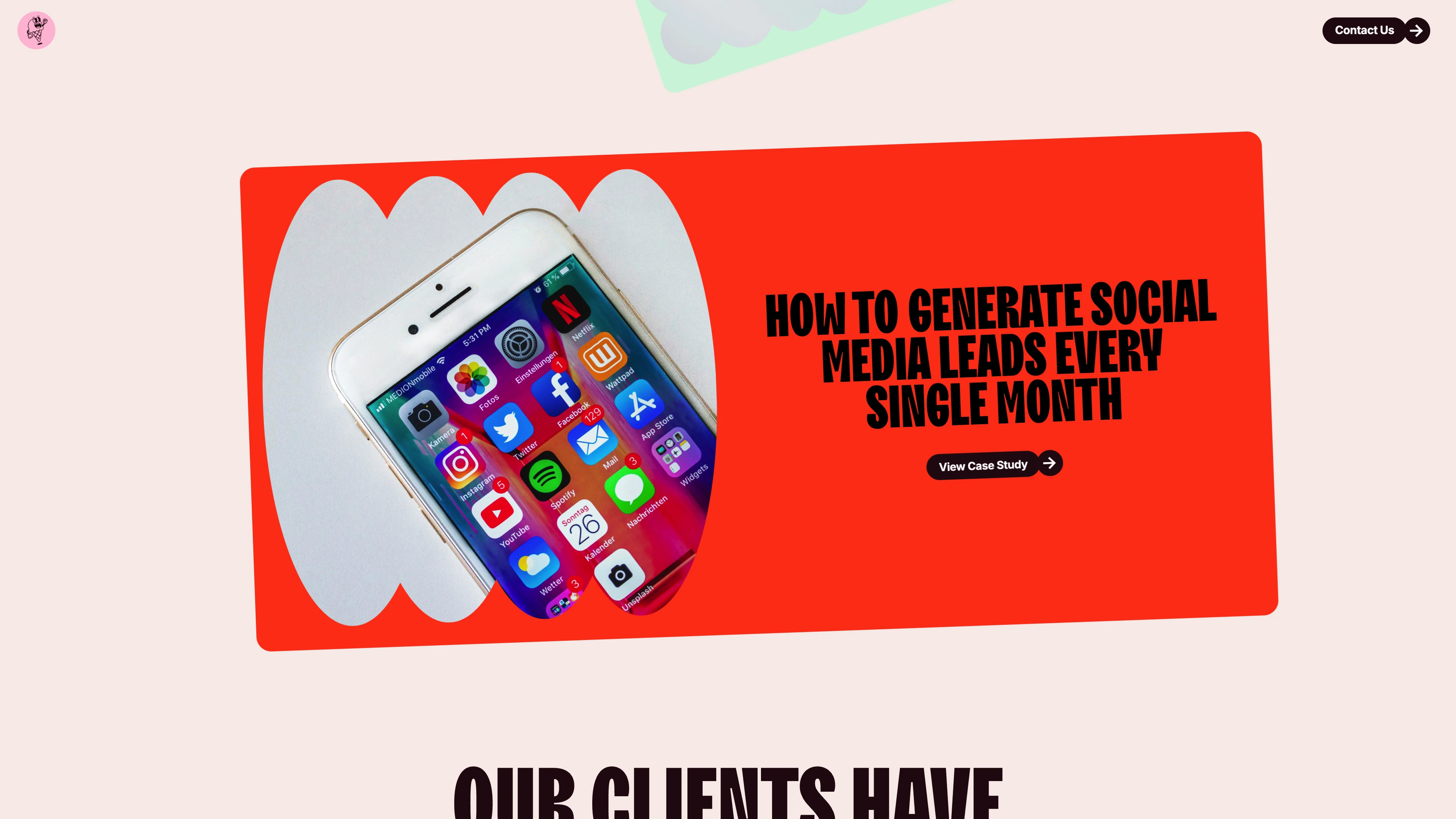 Full page screenshot of the iScreamSocialMedia website. Your social media marketing agency. Whether you're looking to gain followers, …