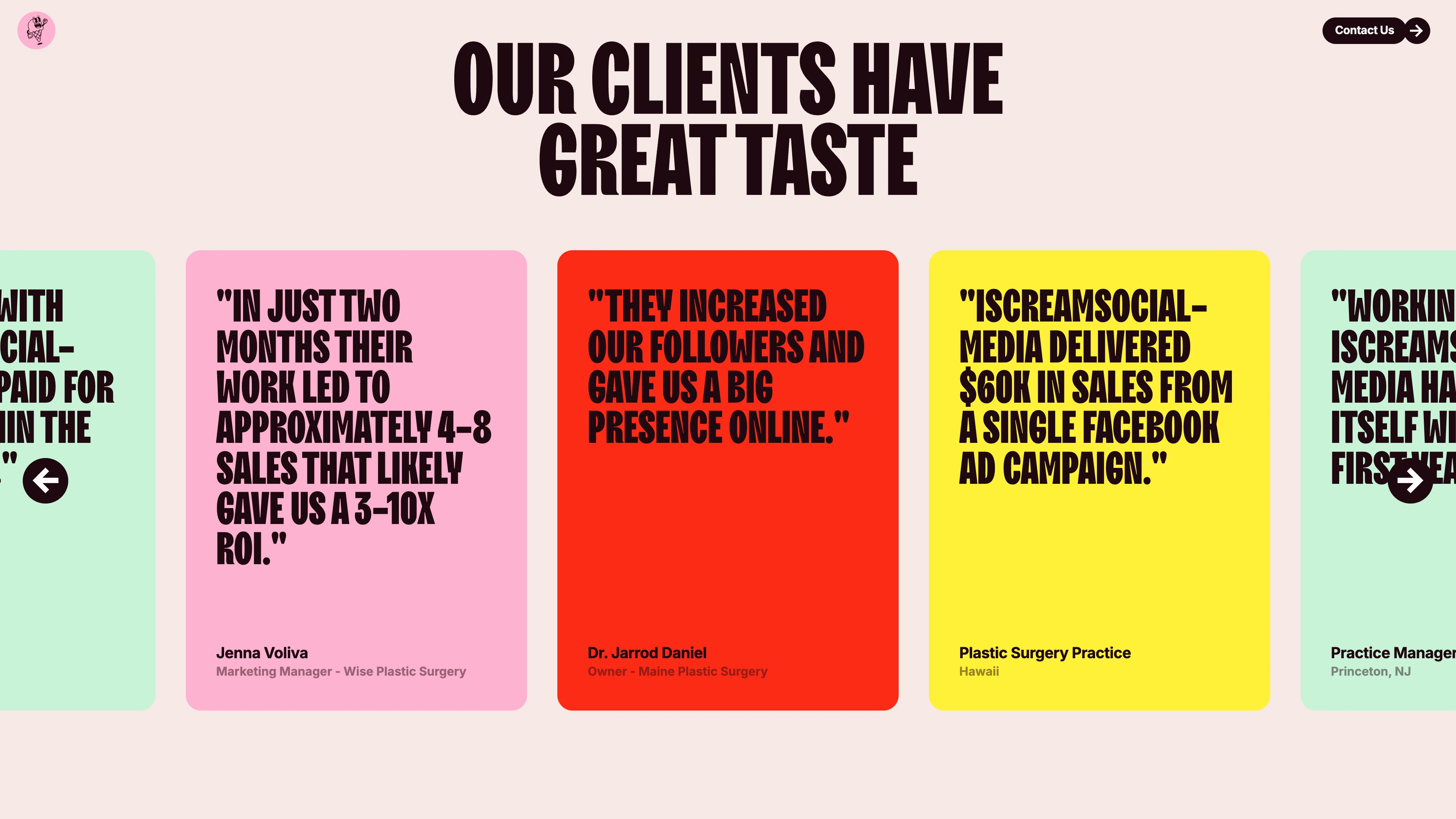 Full page screenshot of the iScreamSocialMedia website. Your social media marketing agency. Whether you're looking to gain followers, …