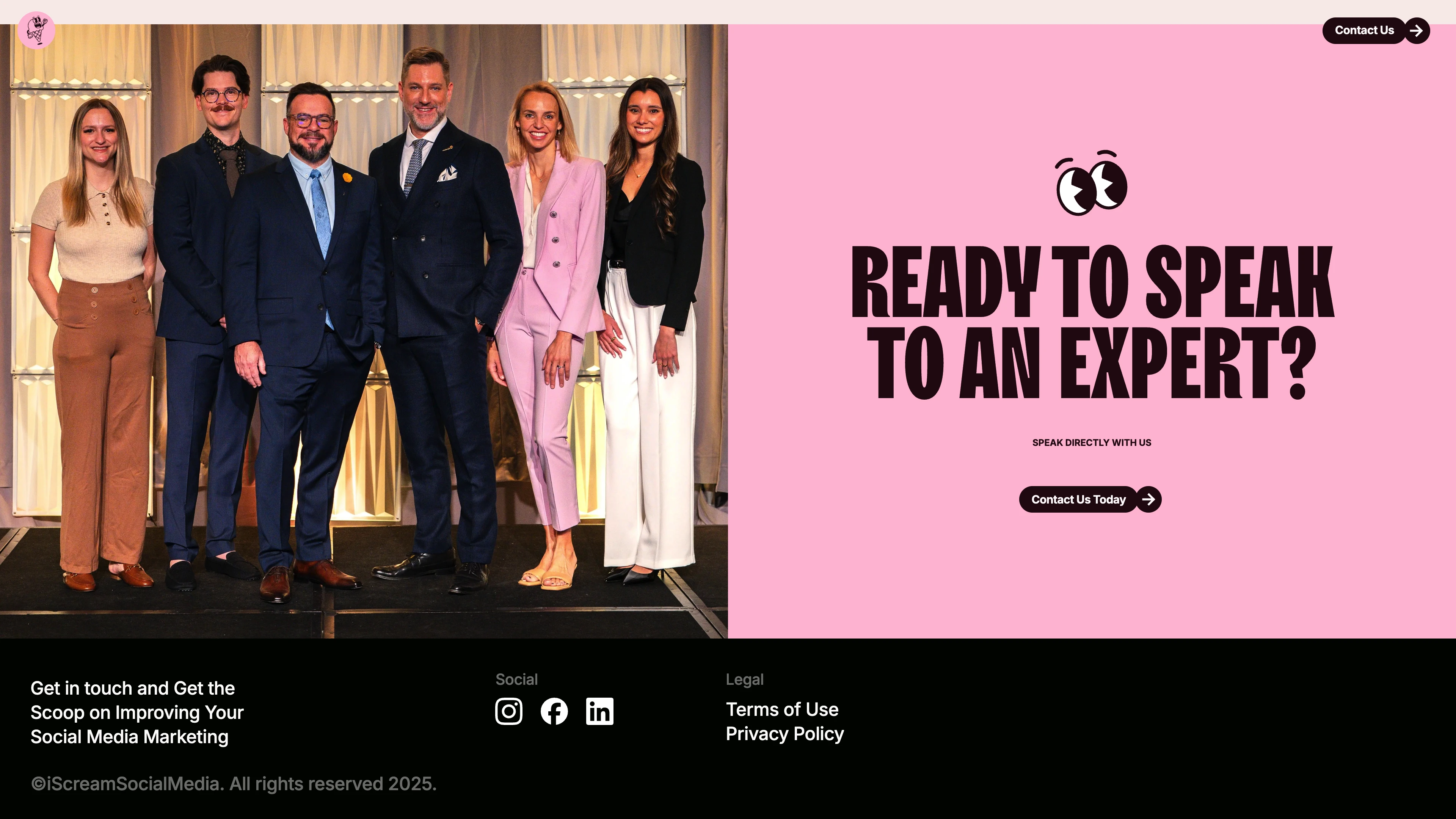 Full page screenshot of the iScreamSocialMedia website. Your social media marketing agency. Whether you're looking to gain followers, …