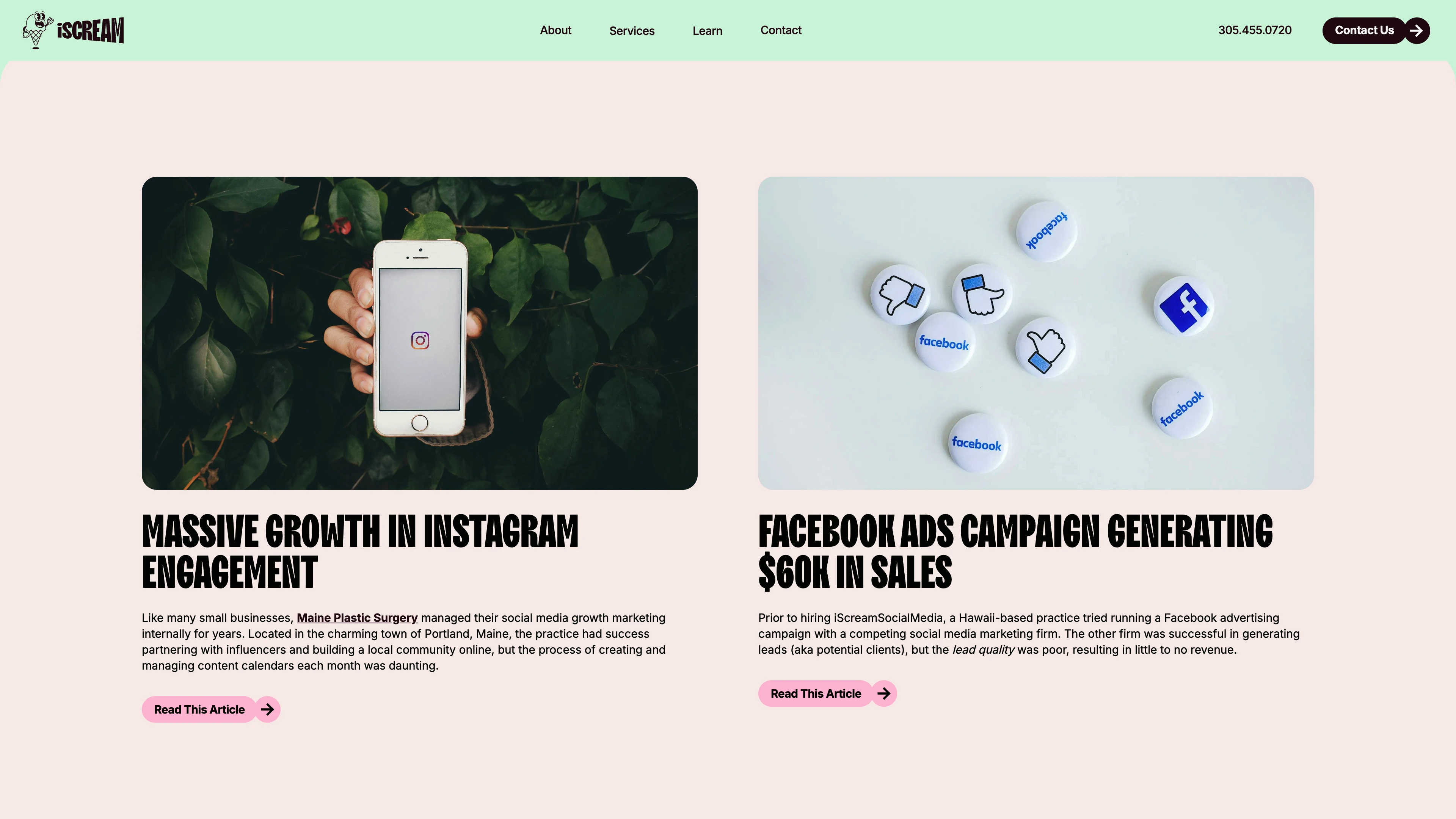 Full page screenshot of the iScreamSocialMedia website. Your social media marketing agency. Whether you're looking to gain followers, …