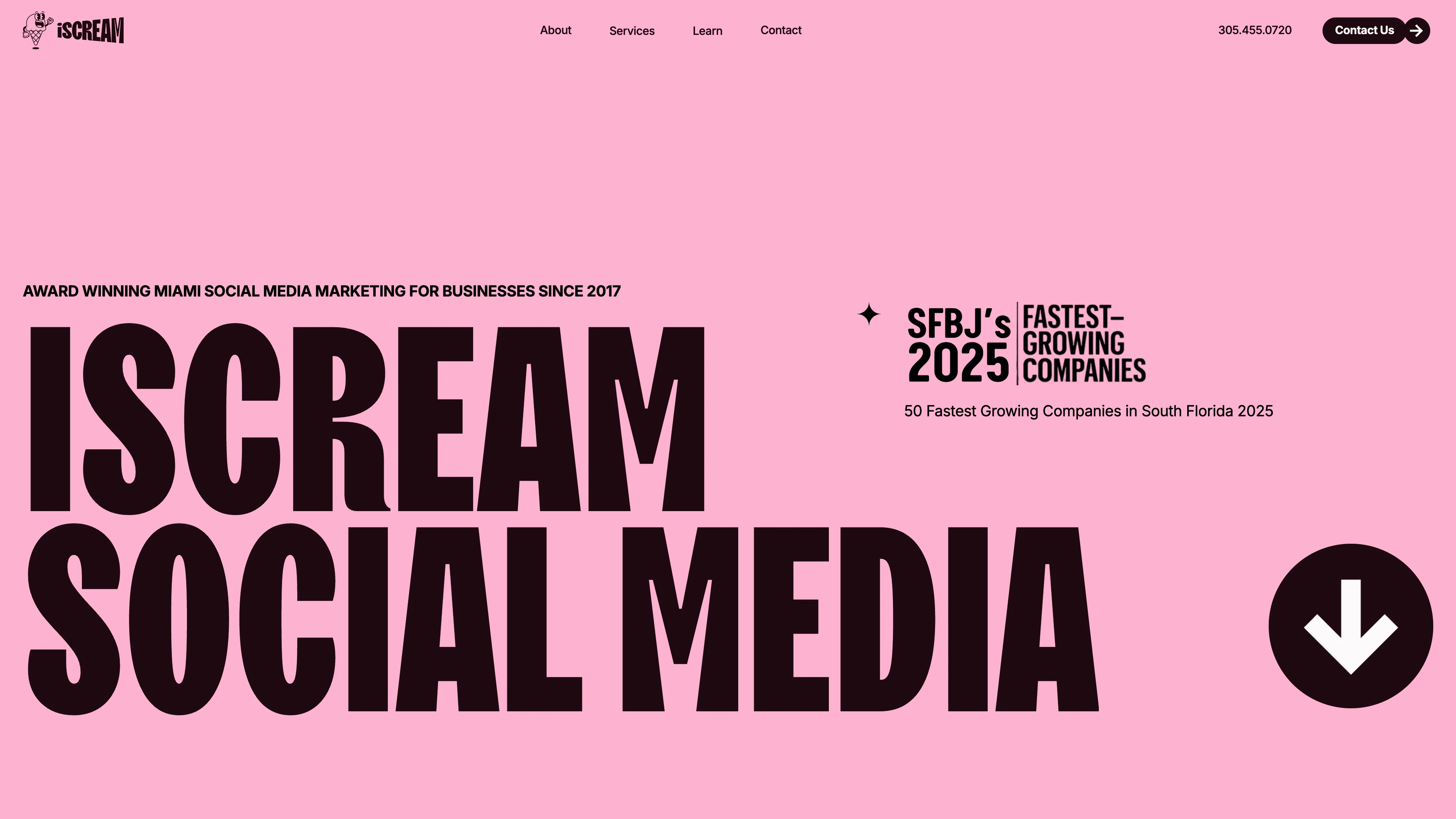 Full page screenshot of the iScreamSocialMedia website. Your social media marketing agency. Whether you're looking to gain followers, …