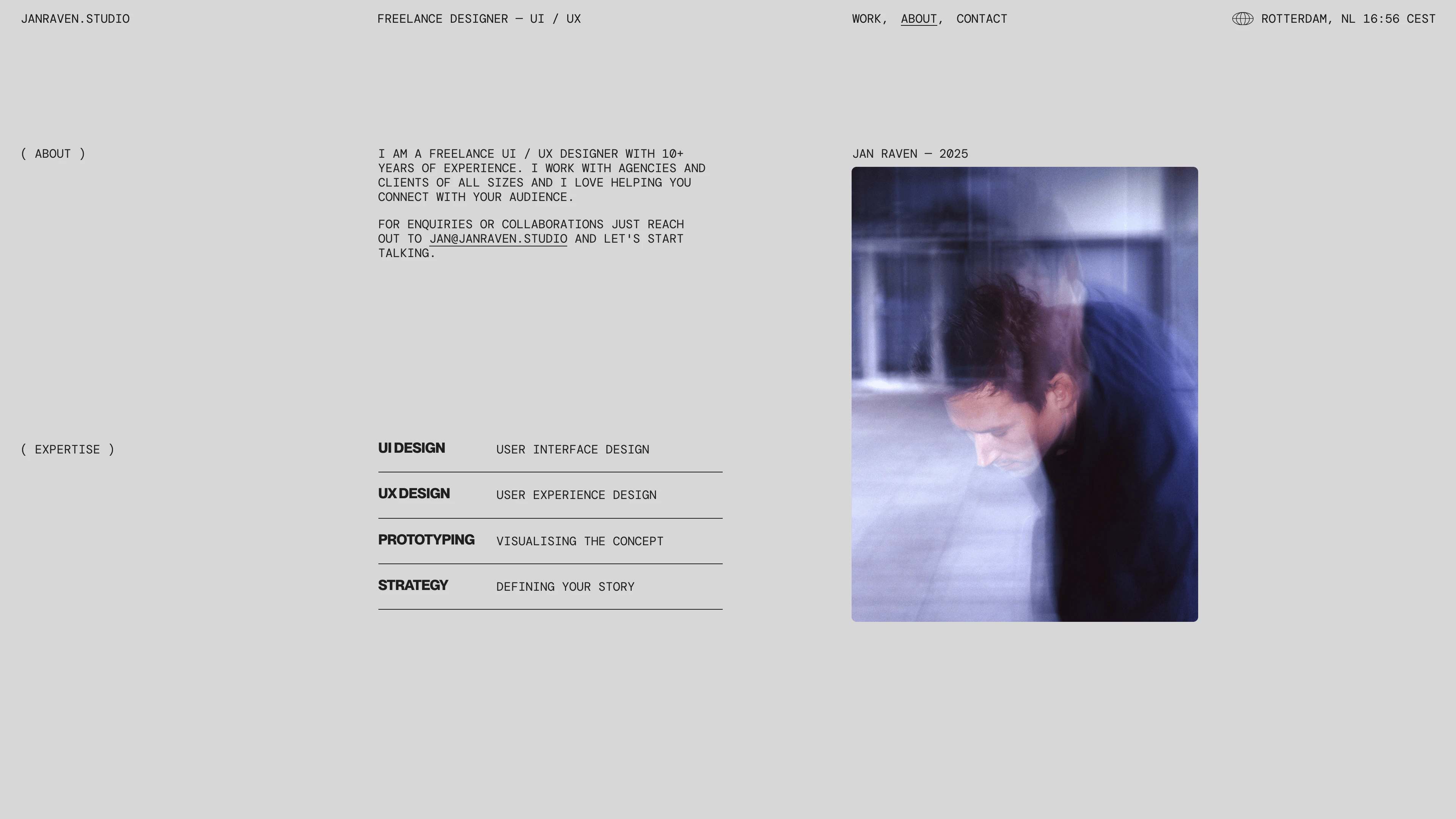 Full page screenshot of the Jan Raven Studio website. I am a freelance UI / UX designer with 10+ years of experience. I work with …