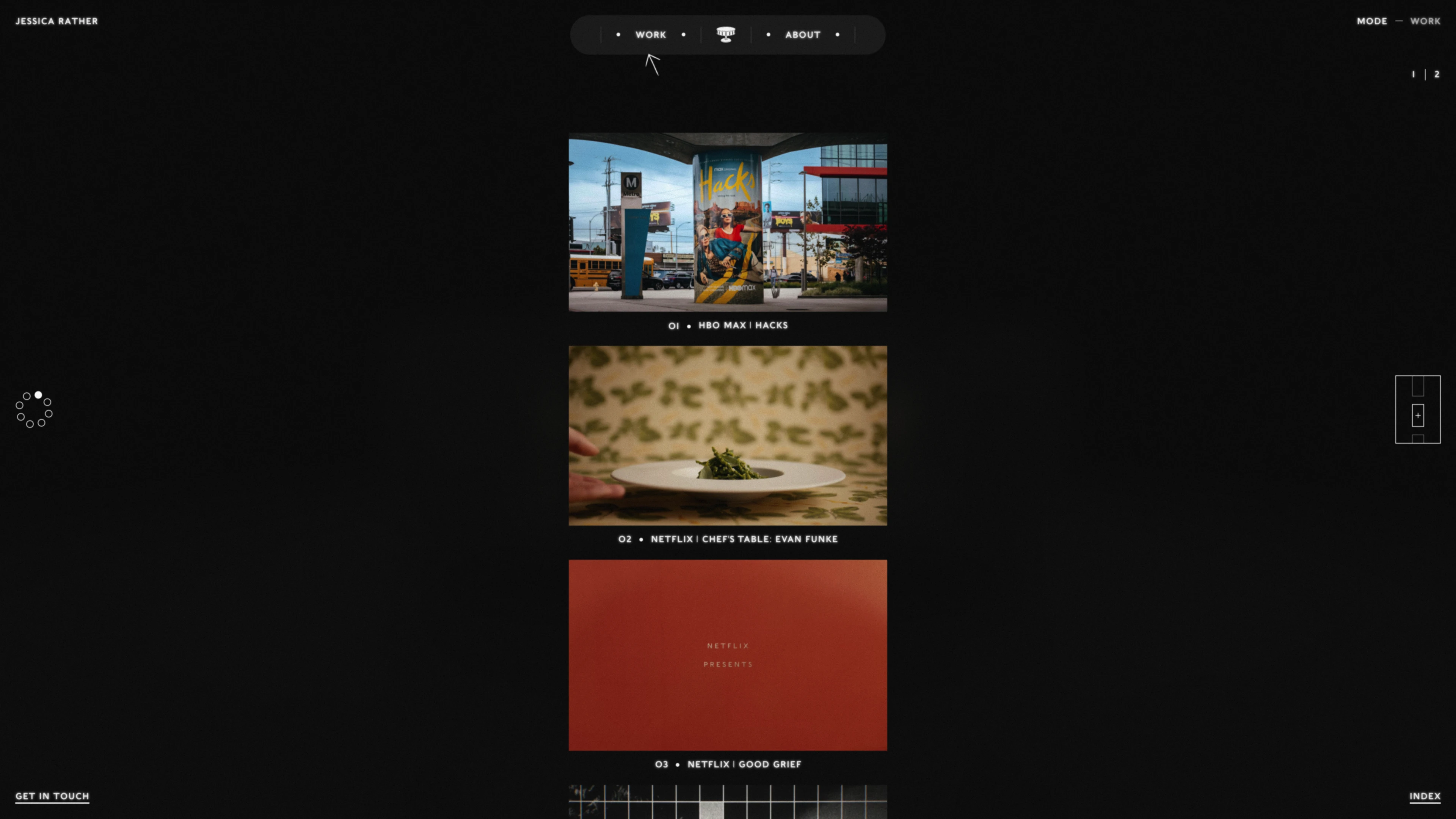 Full page screenshot of the Jessica Rather website. What drives me now is creating visual stories that last. I love insibilies …