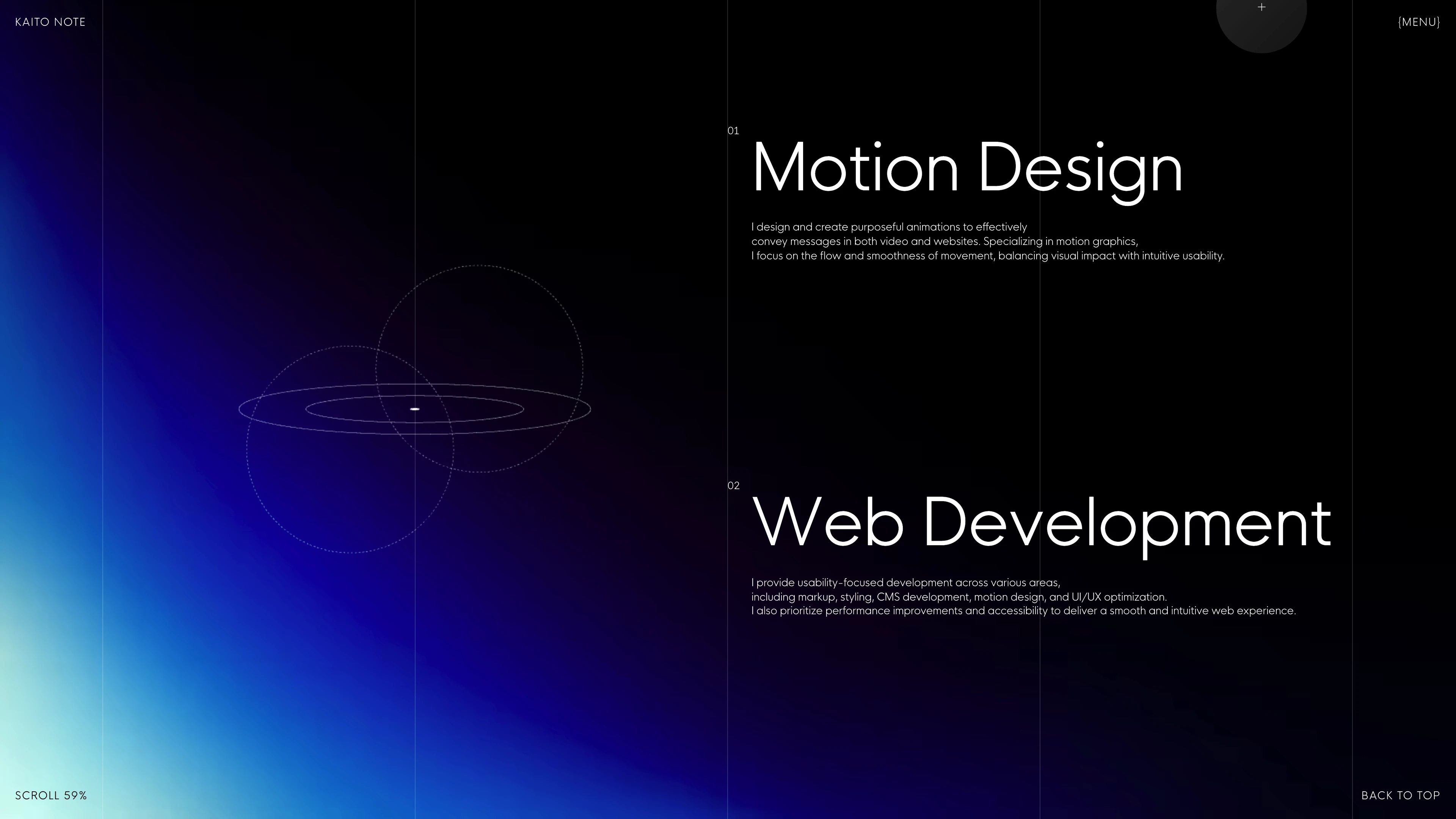 Full page screenshot of the Kaito Note website. Motion Designer & Web Developer. Based in Osaka,Japan. Creating digital …