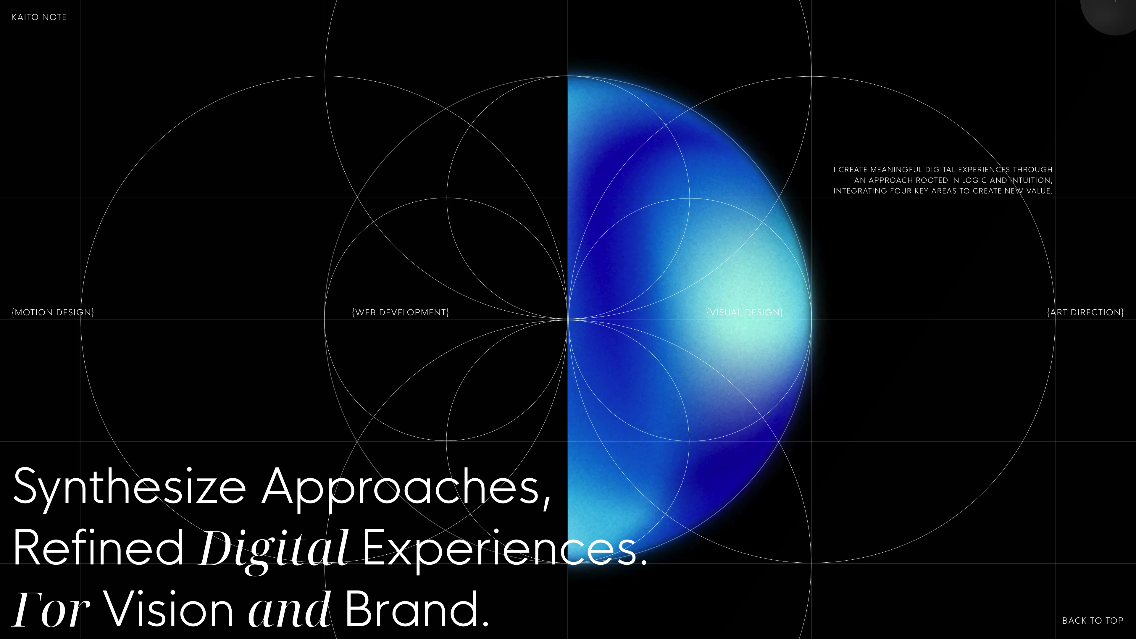 Full page screenshot of the Kaito Note website. Motion Designer & Web Developer. Based in Osaka,Japan. Creating digital …
