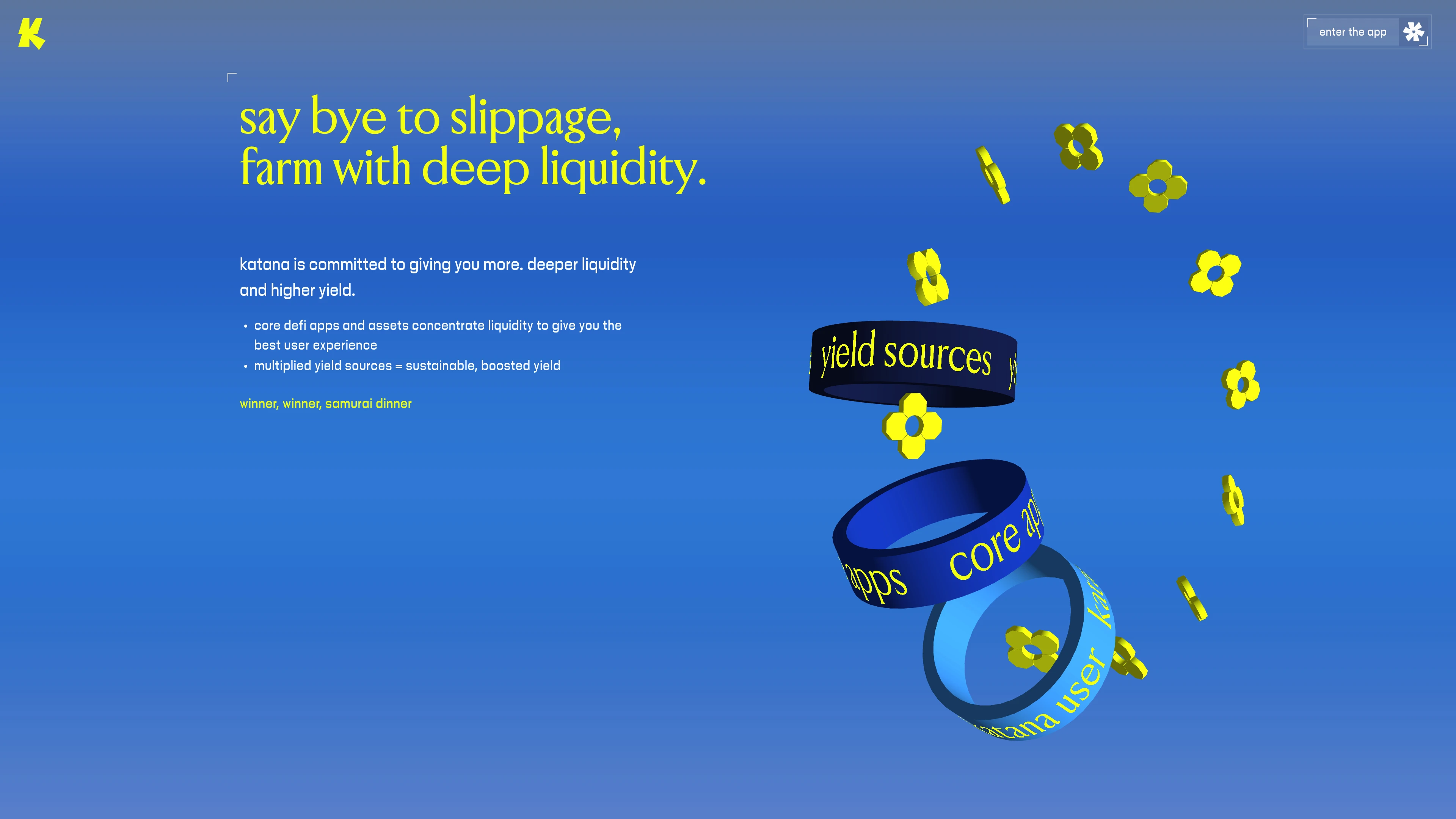 Full page screenshot of the katana website. The defi chain for deep liquidity & high yield. katana puts users first: …