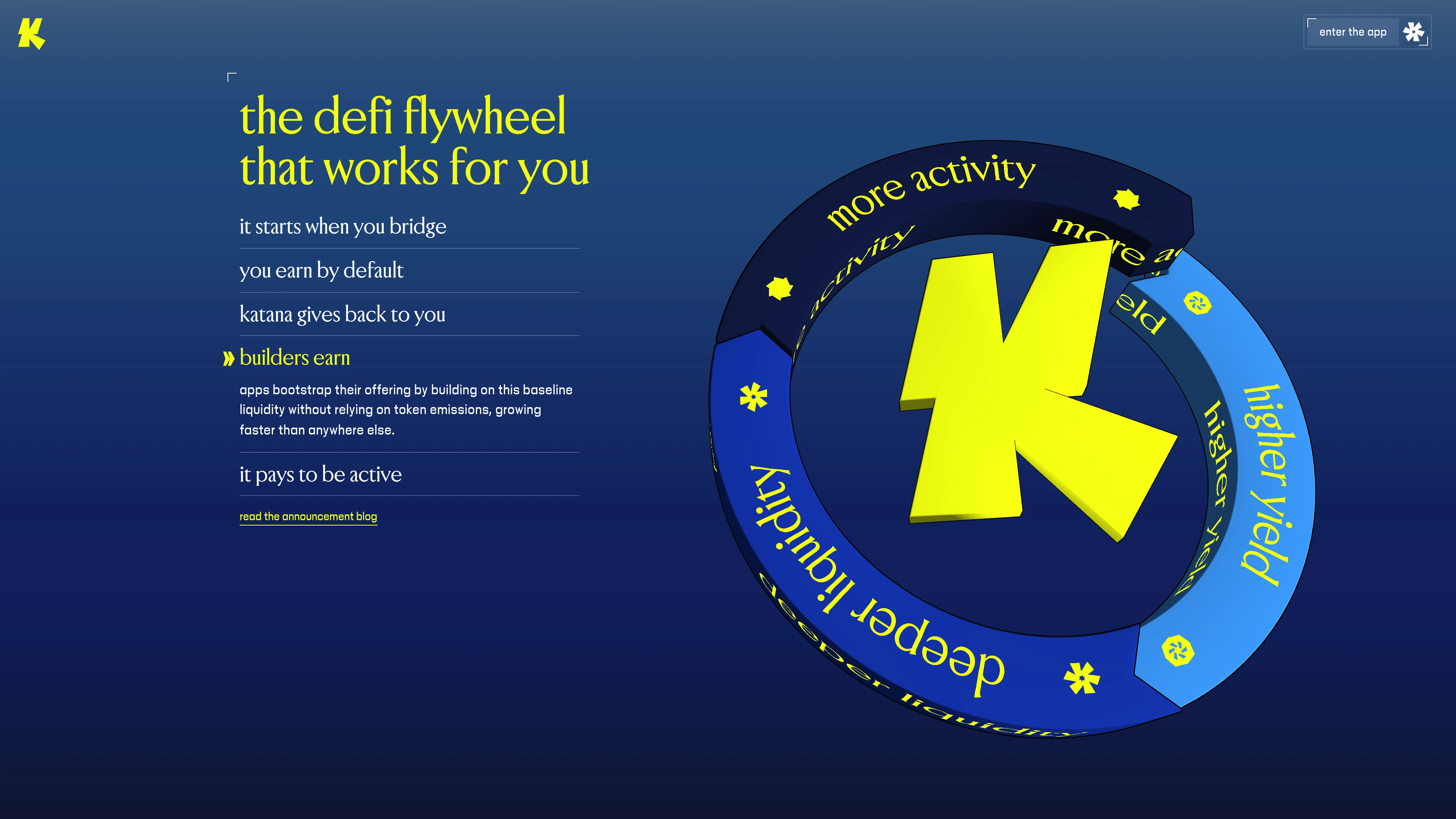 Full page screenshot of the katana website. The defi chain for deep liquidity & high yield. katana puts users first: …