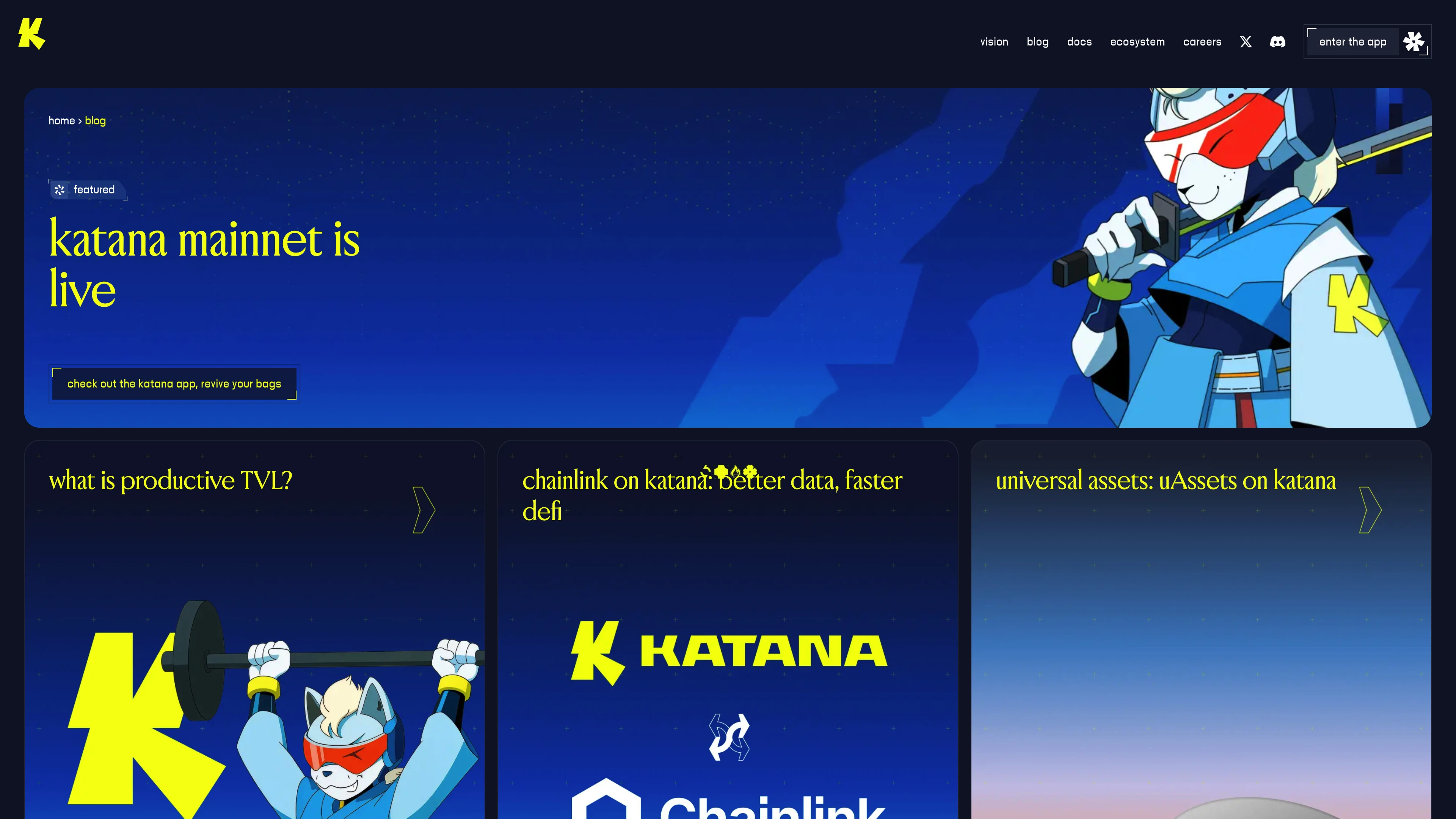 Full page screenshot of the katana website. The defi chain for deep liquidity & high yield. katana puts users first: …