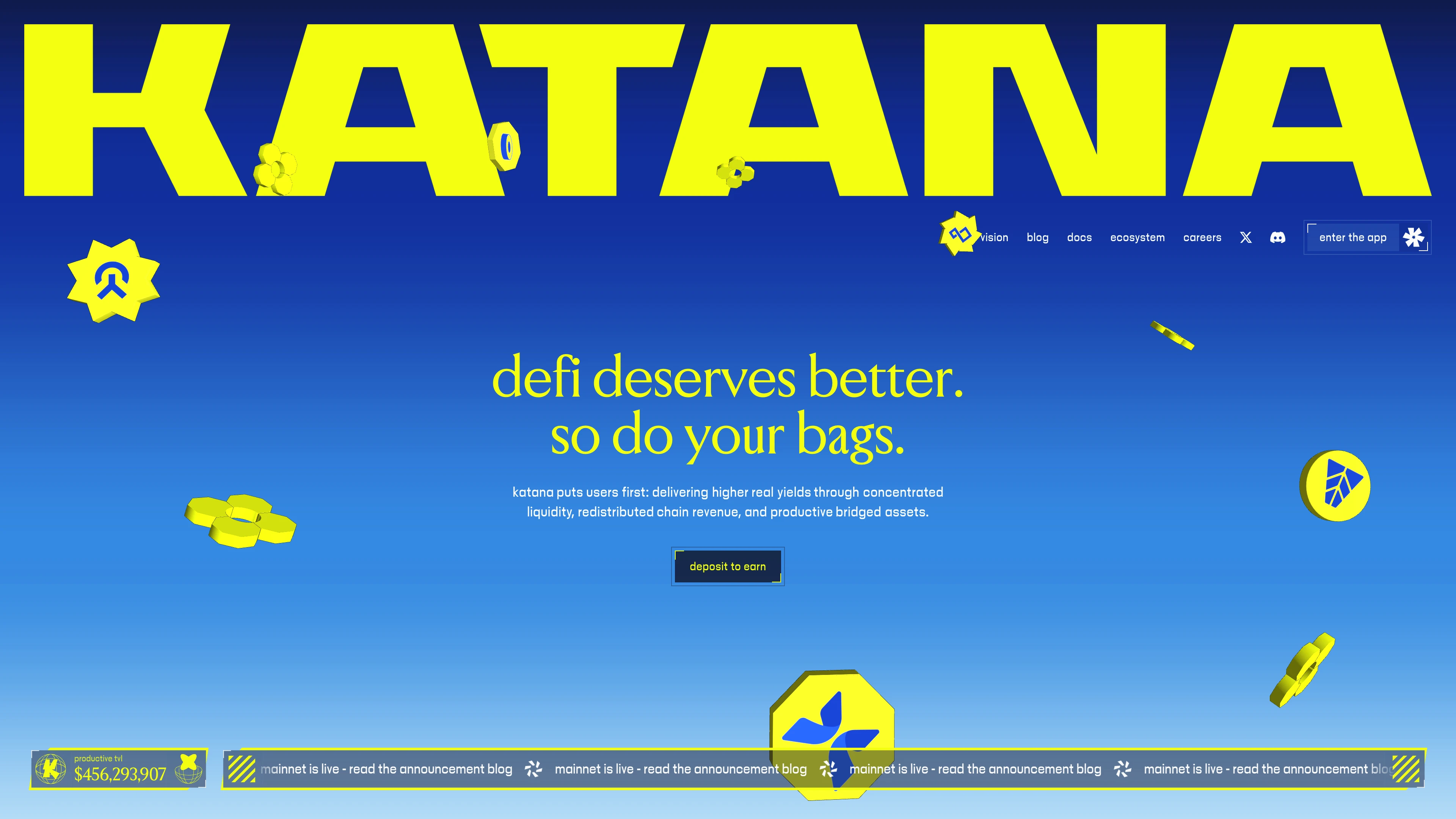 Full page screenshot of the katana website. The defi chain for deep liquidity & high yield. katana puts users first: …