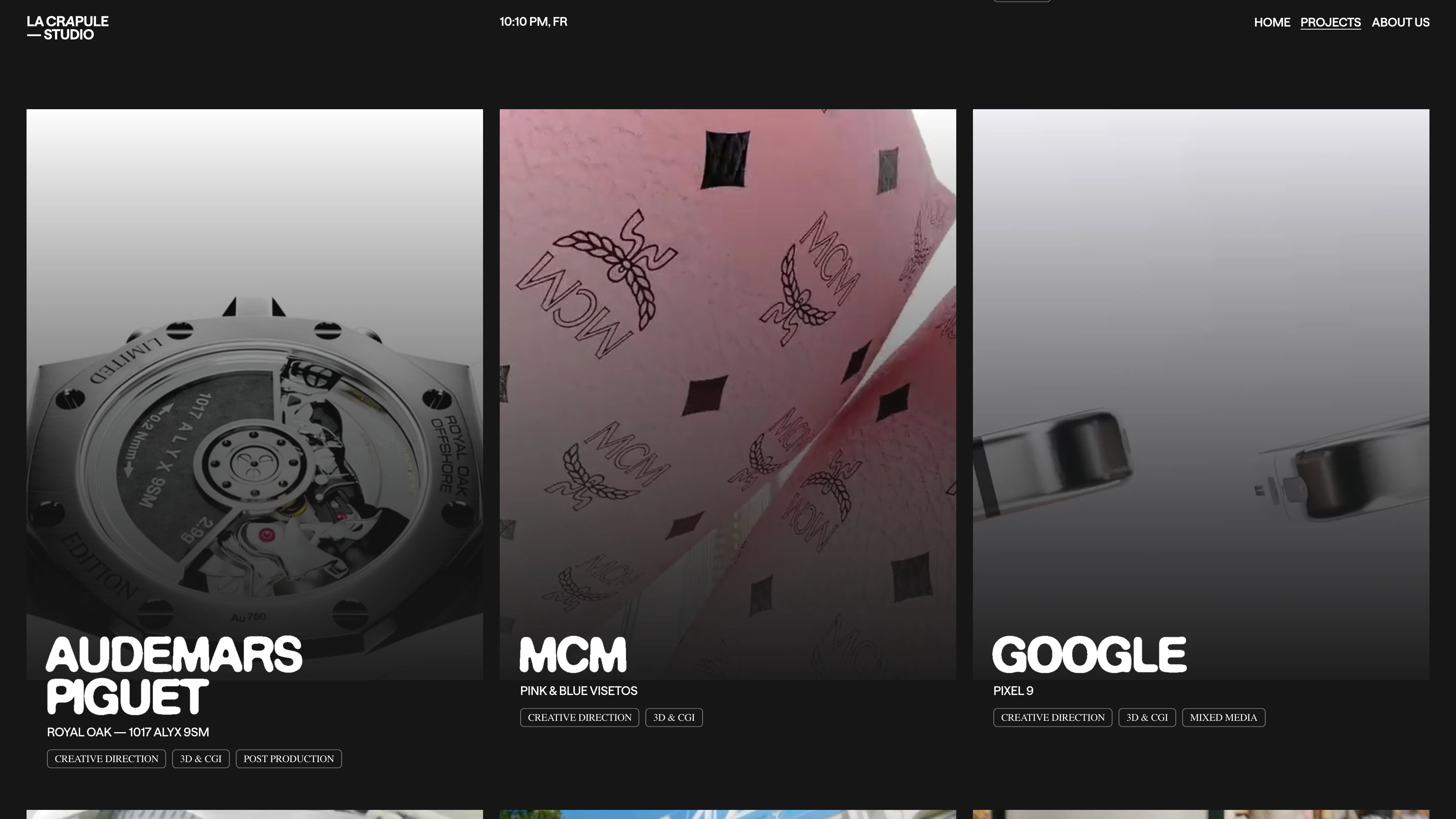 Full page screenshot of the LaCrapule Studio website. A creative studio based in Paris specializing in visual narratives that …