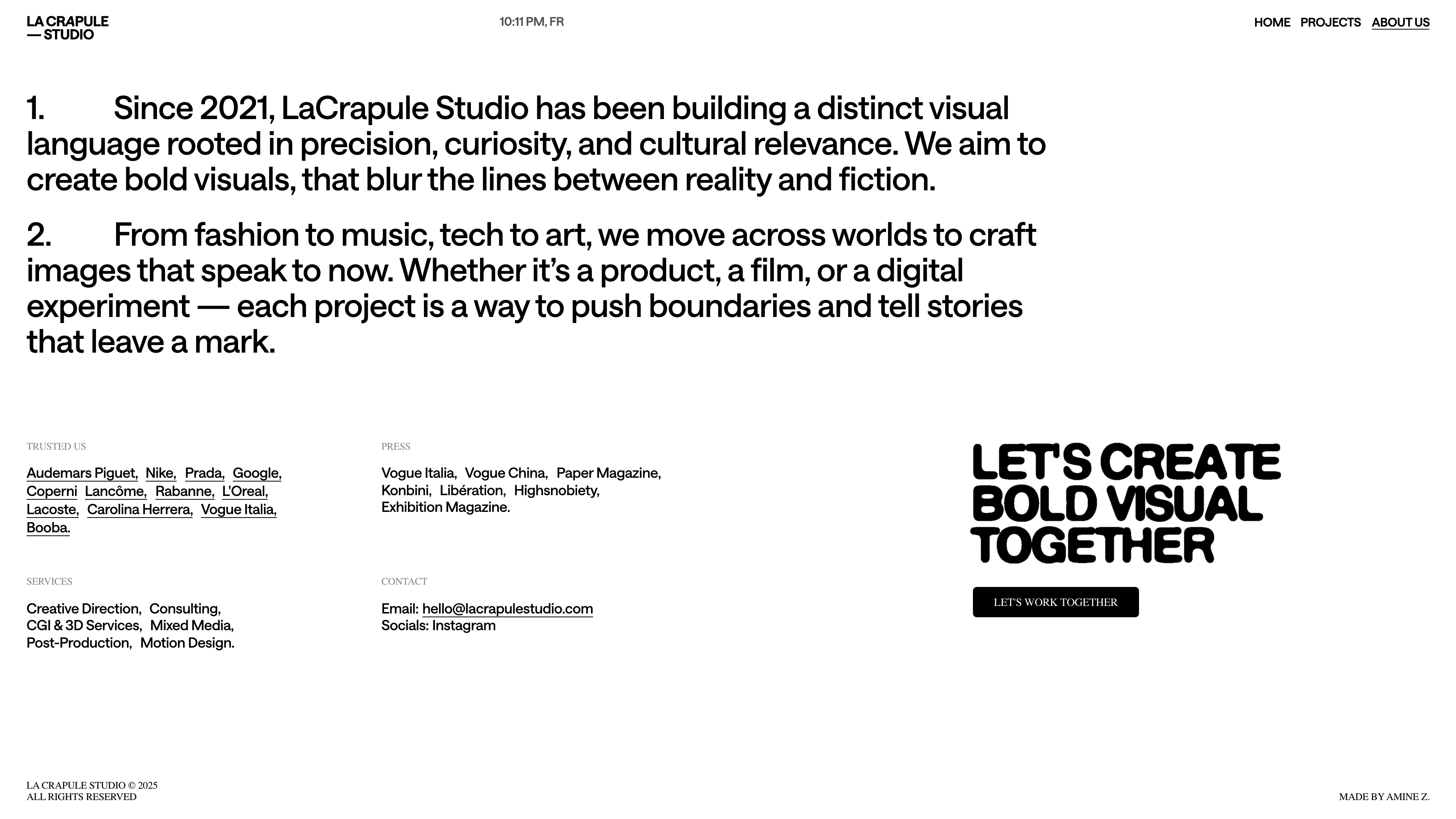 Full page screenshot of the LaCrapule Studio website. A creative studio based in Paris specializing in visual narratives that …
