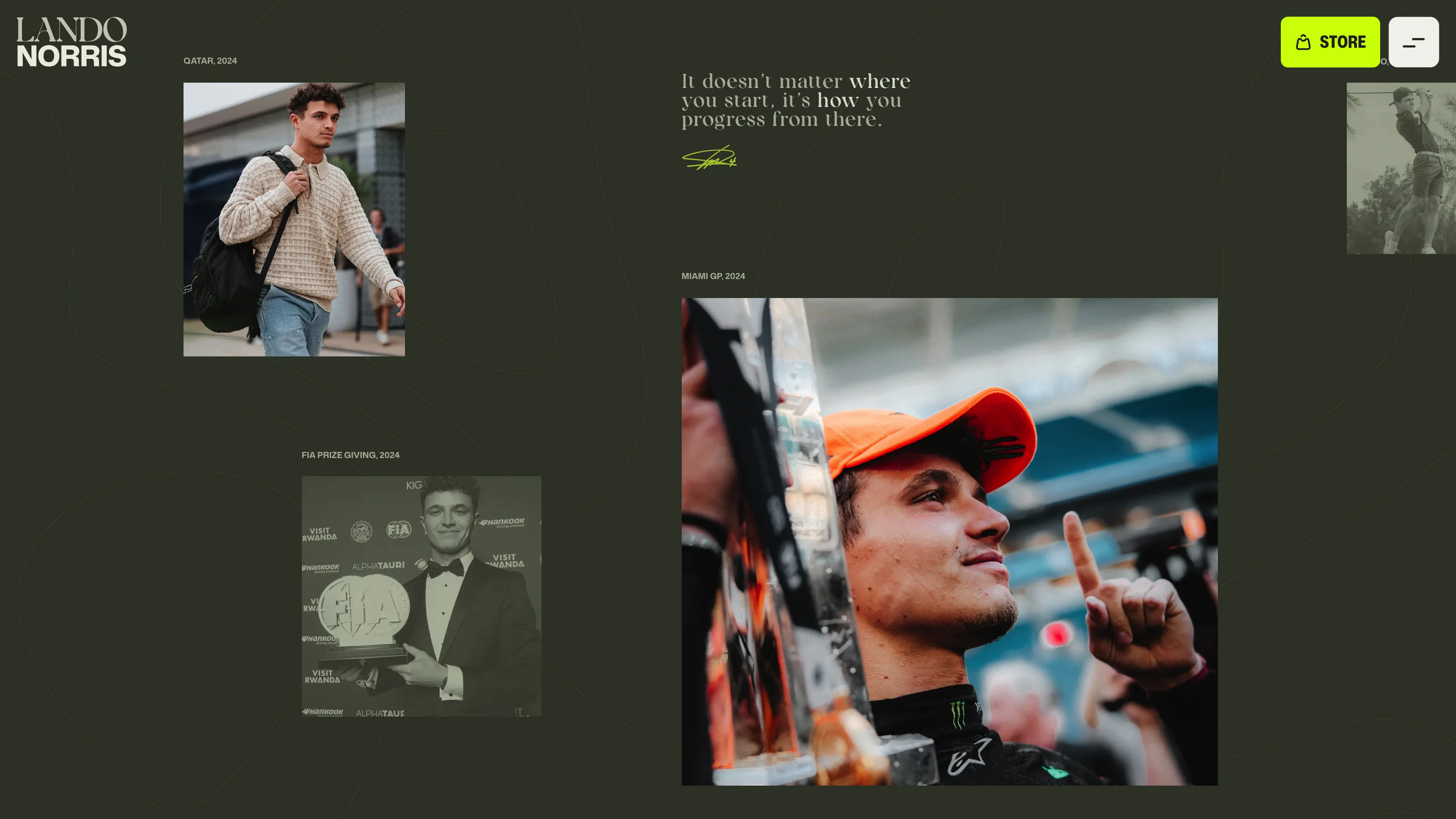 Full page screenshot of the Lando Norris website. 2025 McLaren Formula 1 Driver. Official hub for British racing star Lando …