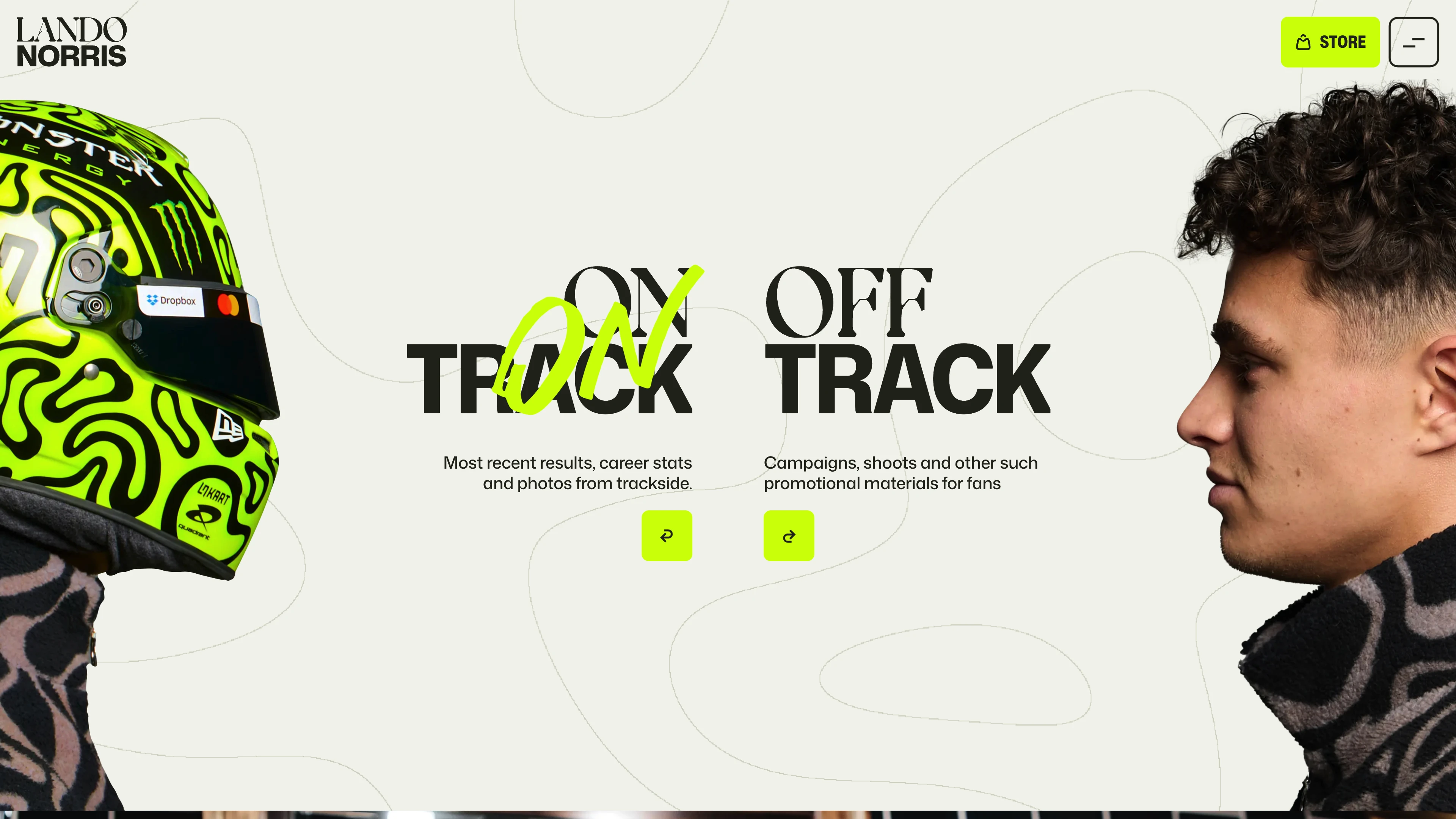 Full page screenshot of the Lando Norris website. 2025 McLaren Formula 1 Driver. Official hub for British racing star Lando …