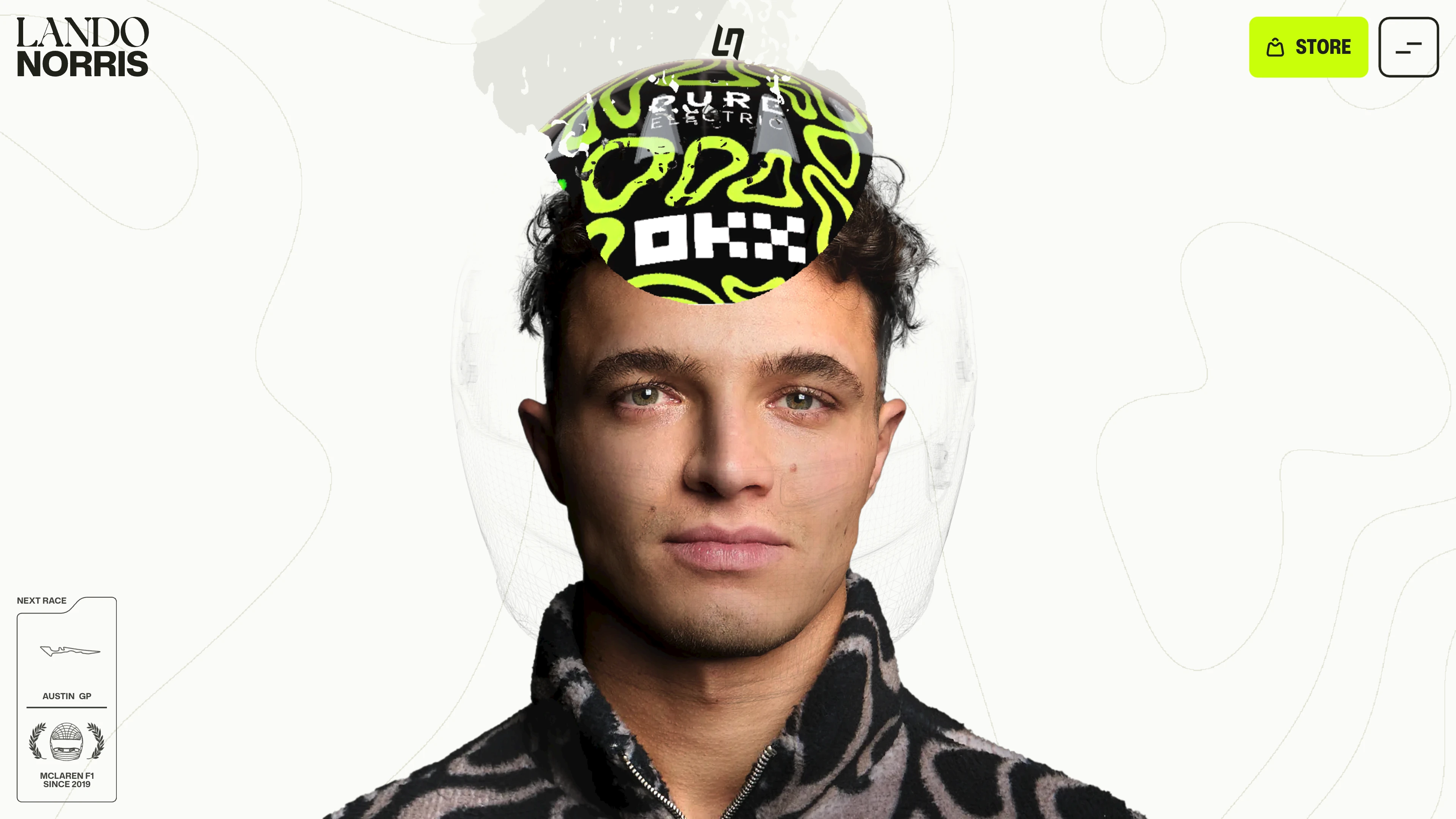 Full page screenshot of the Lando Norris website. 2025 McLaren Formula 1 Driver. Official hub for British racing star Lando …