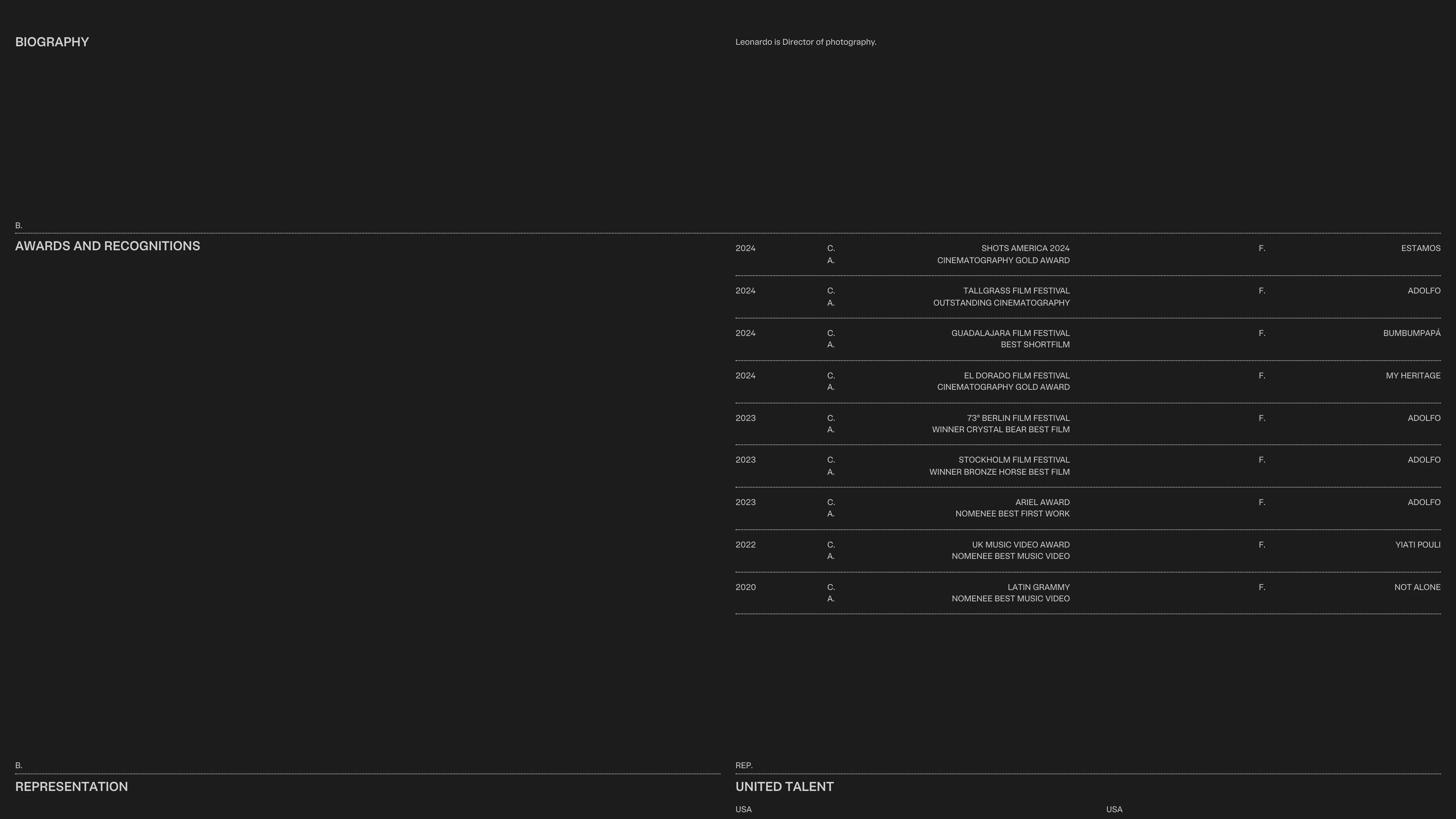 Full page screenshot of the Leonardo website. Director of photography