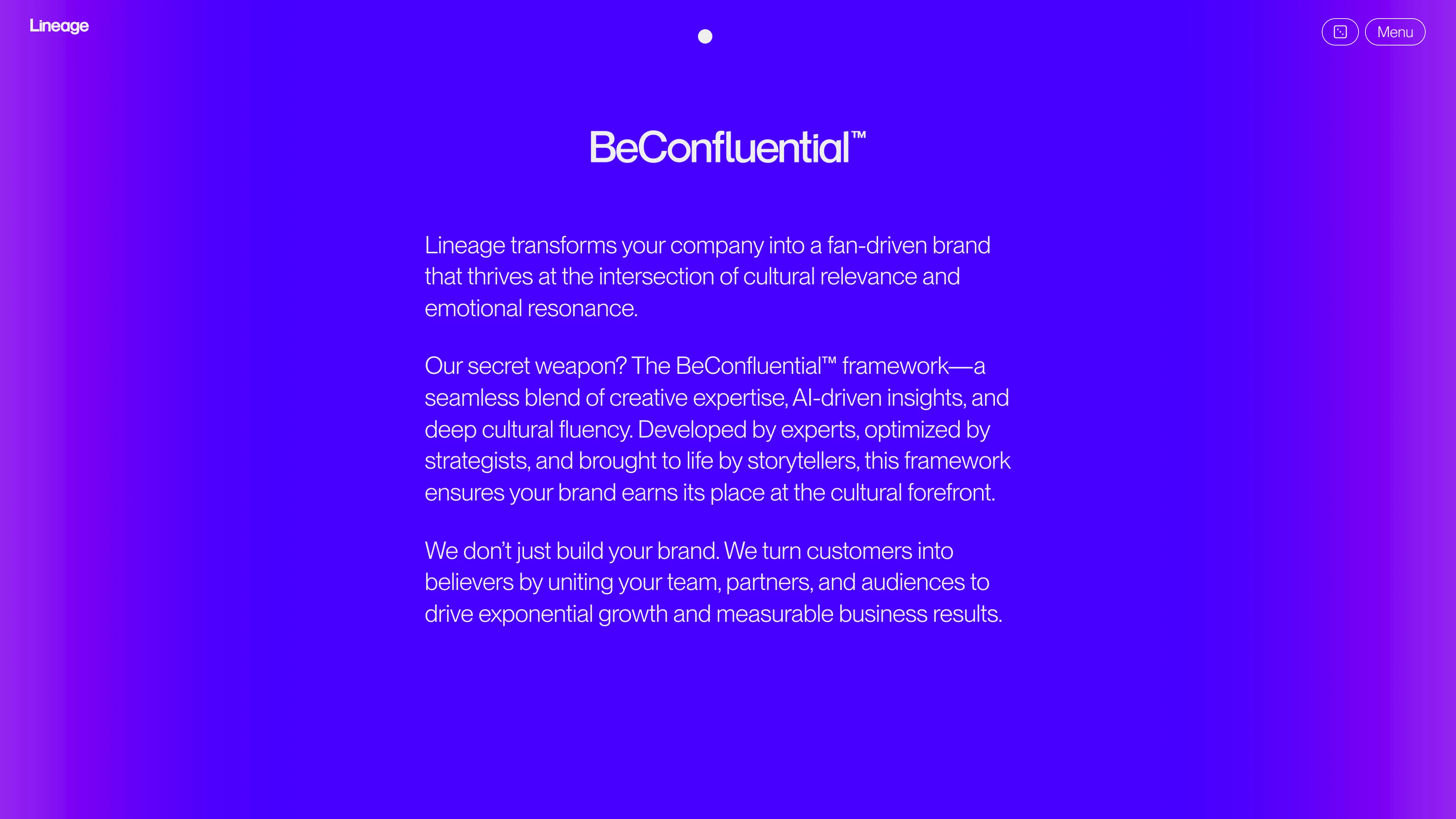 Full page screenshot of the Lineage website. Lineage transforms your company into a fan-driven brand that thrives at the …