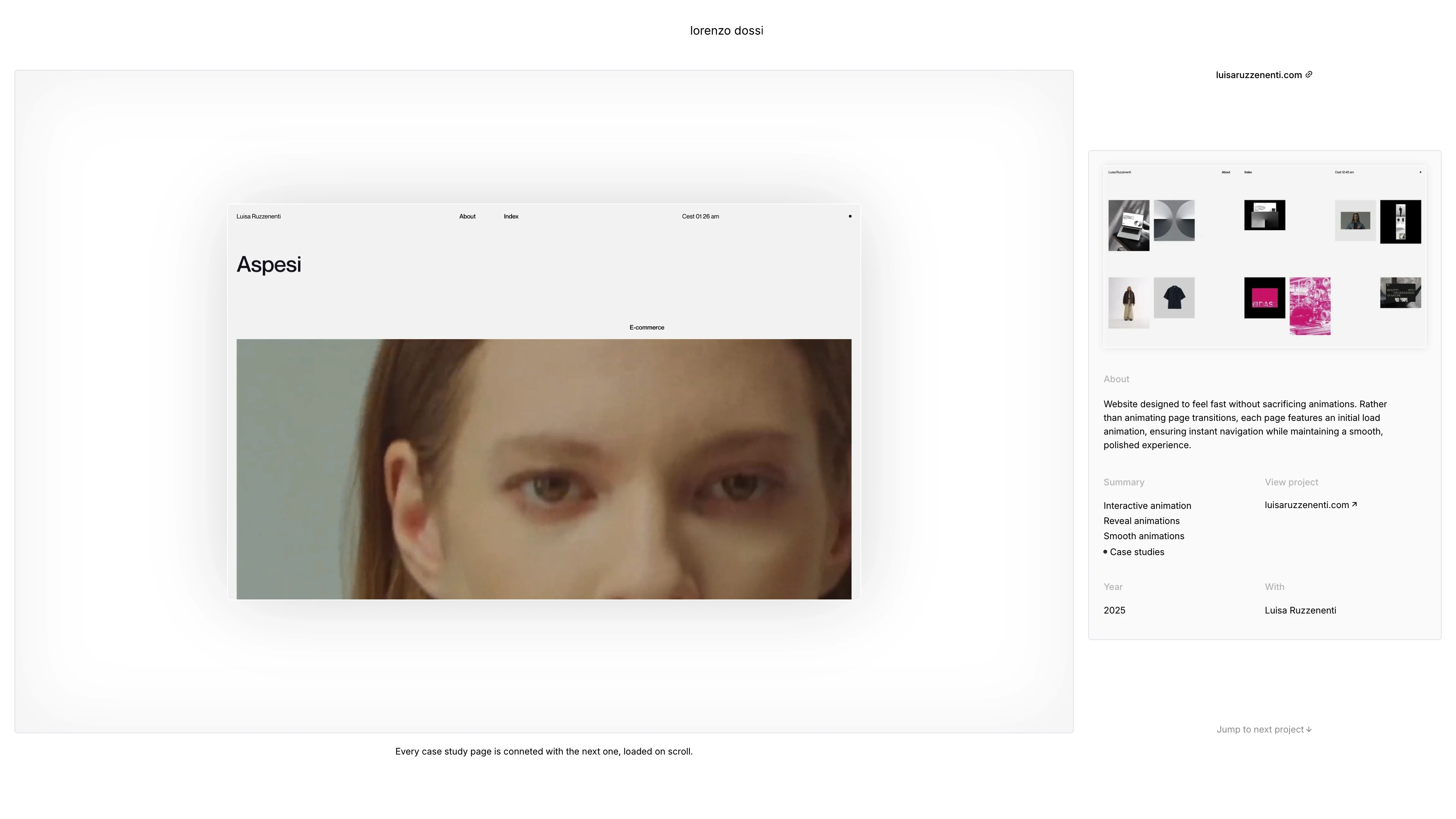 Full page screenshot of the Lorenzo Dossi website. Lorenzo Dossi is an independent design engineer and motion designer. He works …