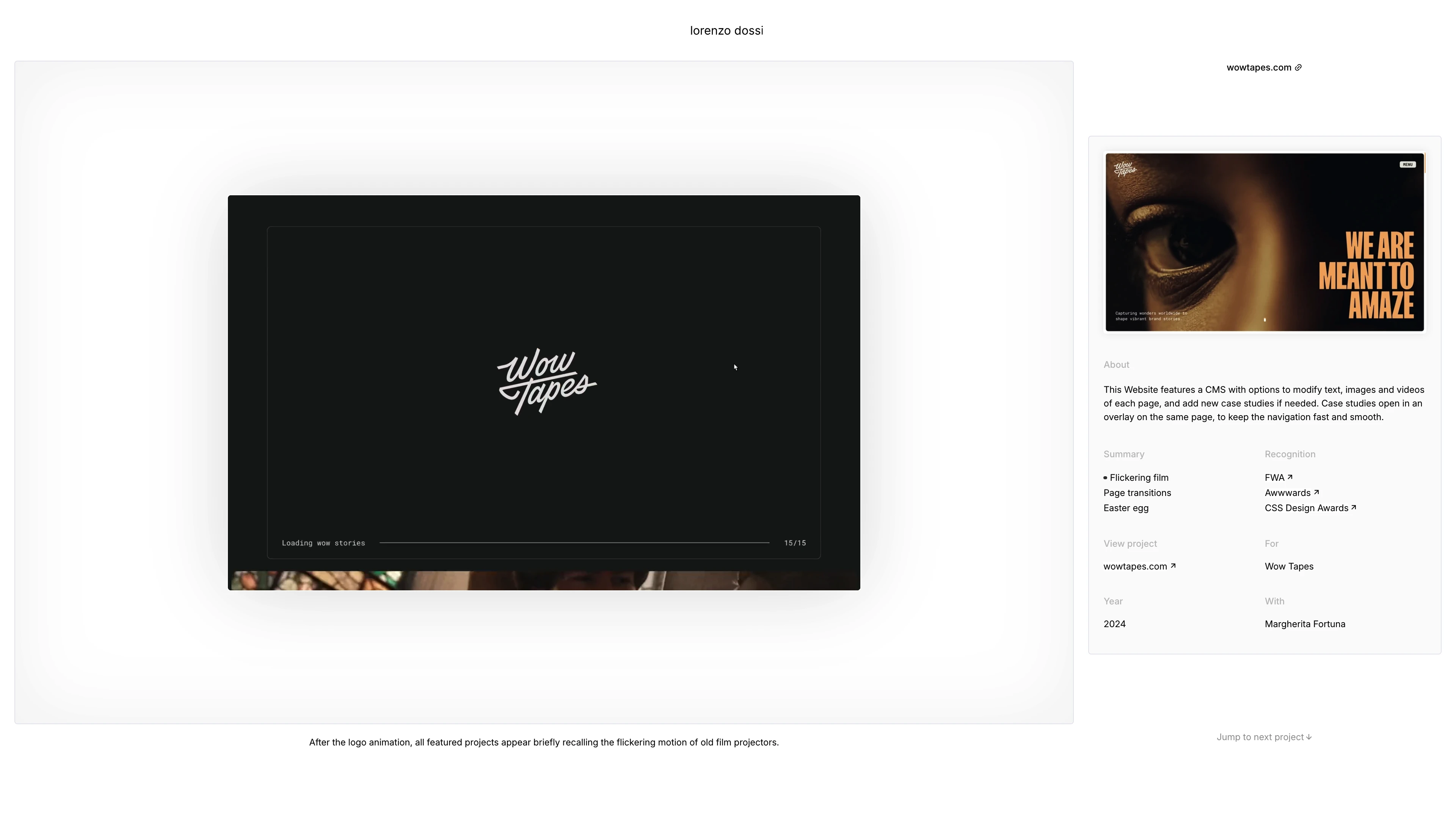 Full page screenshot of the Lorenzo Dossi website. Lorenzo Dossi is an independent design engineer and motion designer. He works …