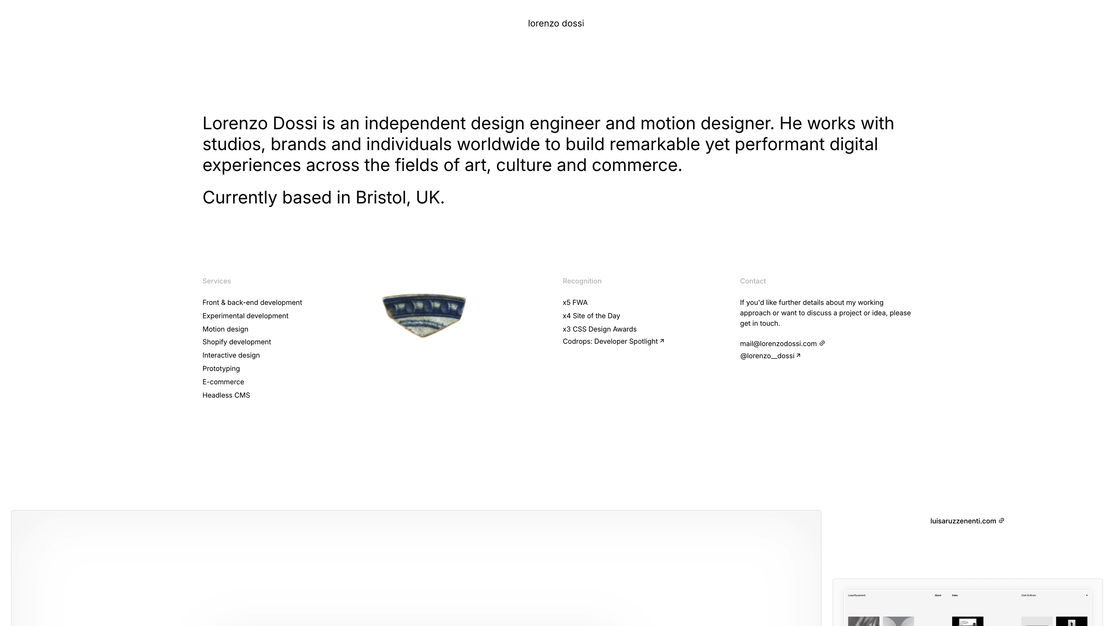 Full page screenshot of the Lorenzo Dossi website. Lorenzo Dossi is an independent design engineer and motion designer. He works …