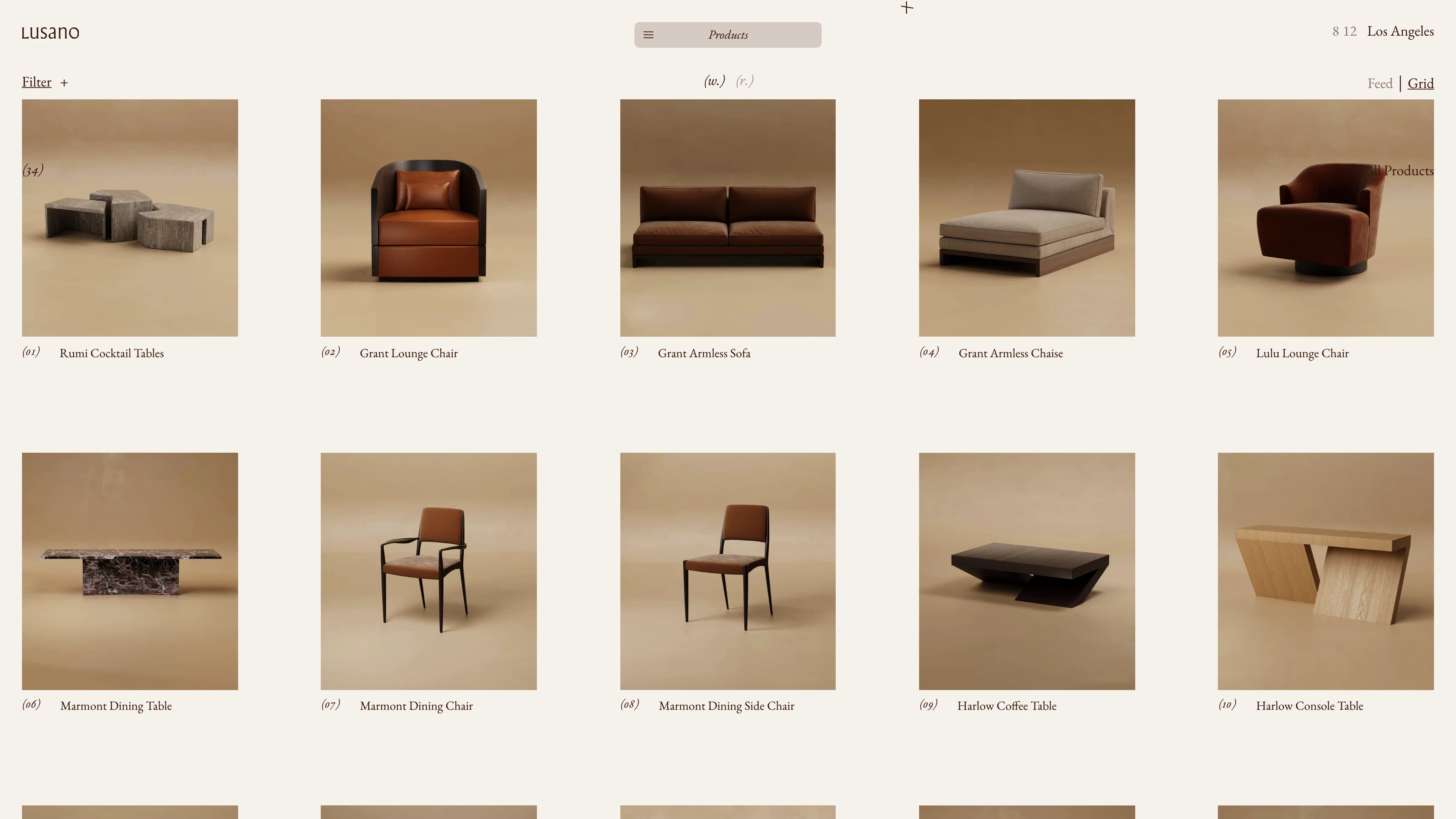 Full page screenshot of the Lusano website. From dining and coffee tables to chairs and collectibles, Lusano seamlessly …
