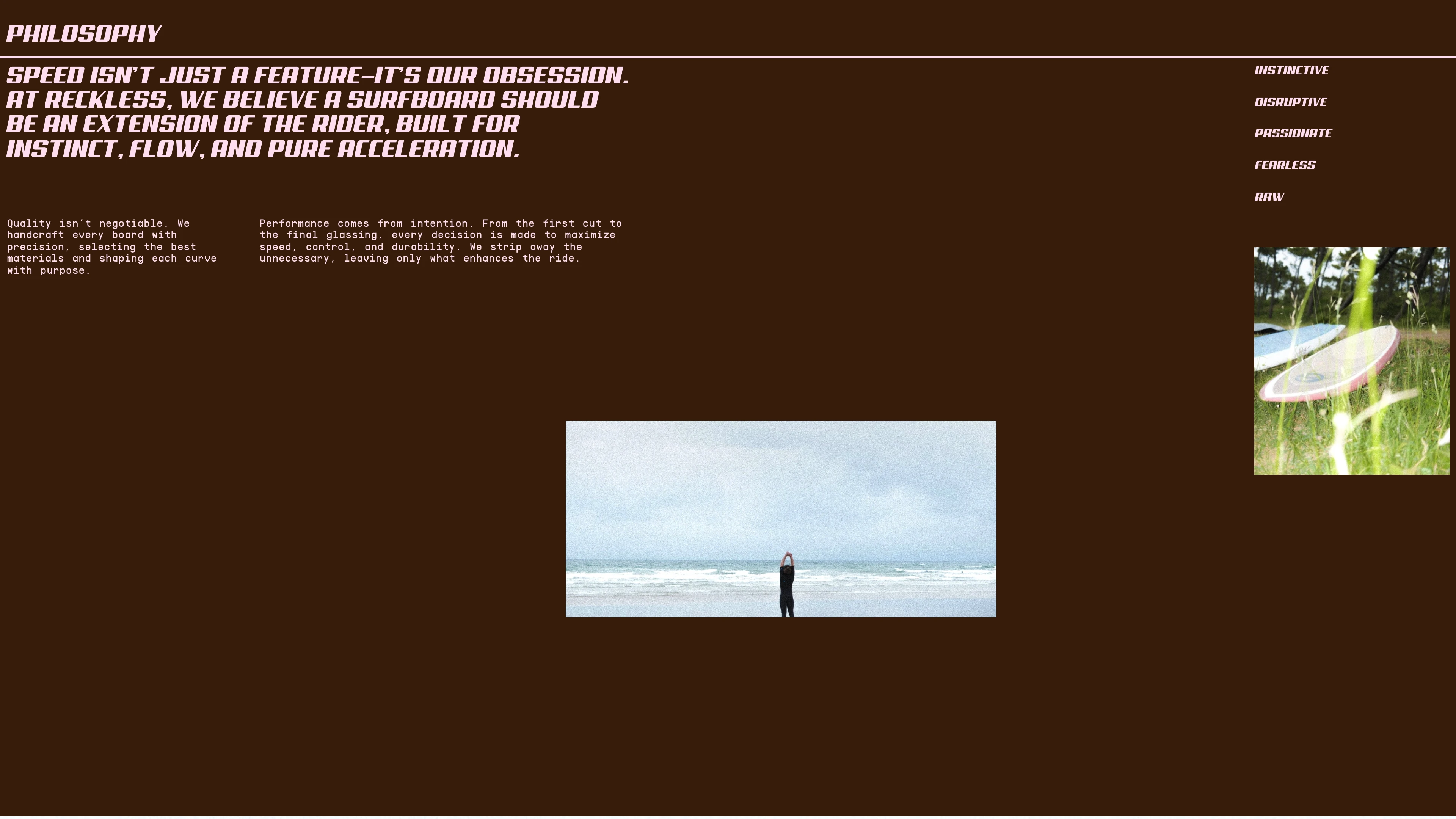 Full page screenshot of the Reckless Surfboards website. Reckless handcrafts fast, soulful surfboards for the unapologetically free. Pure …