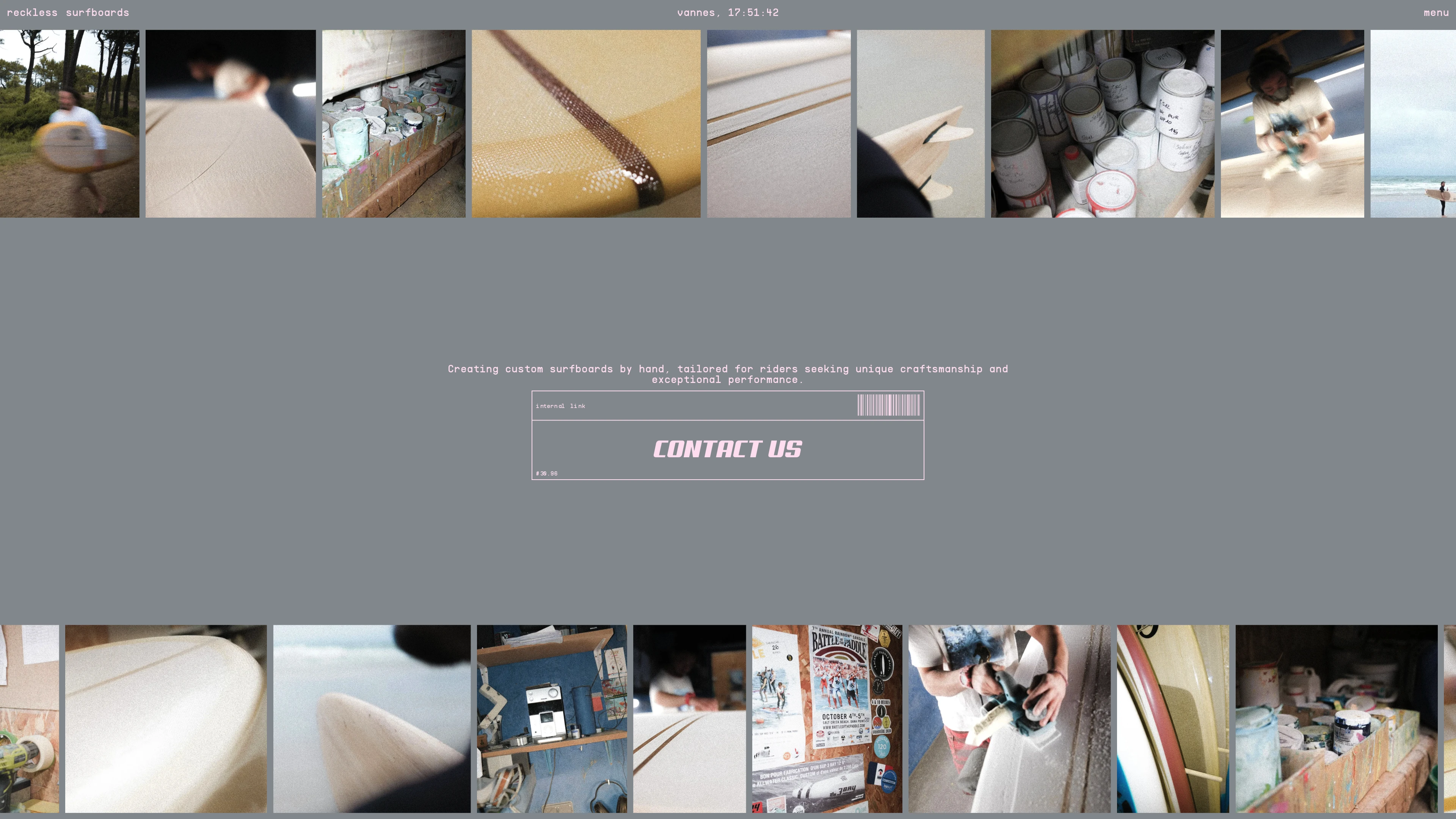 Full page screenshot of the Reckless Surfboards website. Reckless handcrafts fast, soulful surfboards for the unapologetically free. Pure …